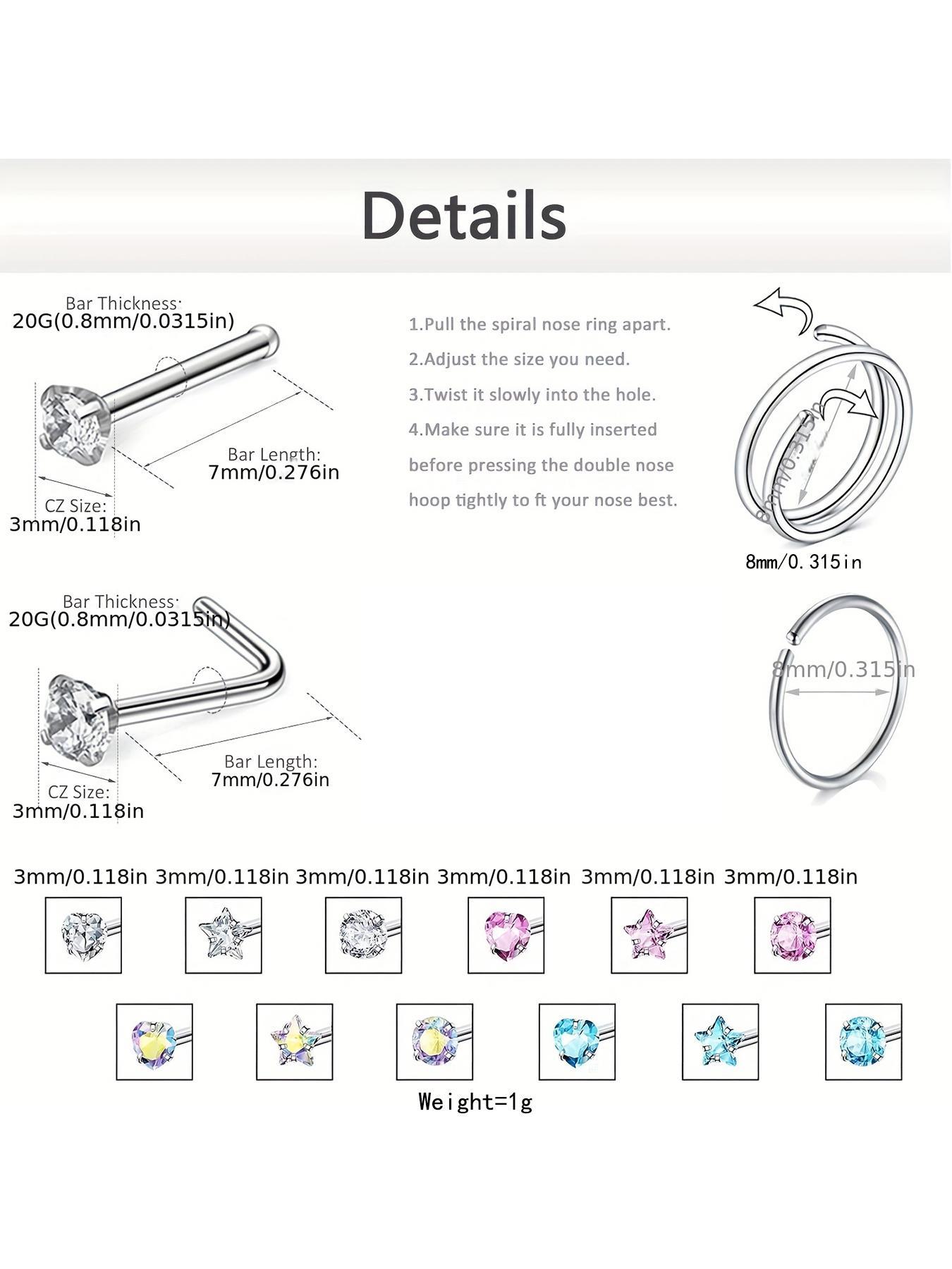18pcs Rhinestone Decor Spiral Nose Ring & L-shaped Nose Stud Set, Nose Rings Set, Casual Stainless Steel Jewelry for Vacation Party Daily Gift, Classic Fashion Accessories for Daily Wear