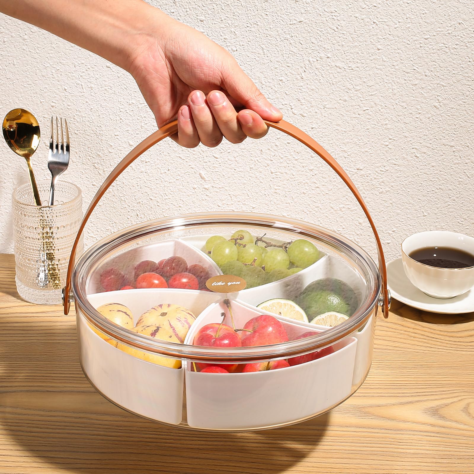 Divided Serving Tray with Lid and Handle, Stackable Snackle Box Container for Fruits Candy Organizer, Portable Spinning Rounded Veggie Tray for Kitchen, Party, Trave and Picnic, White 1 Pack