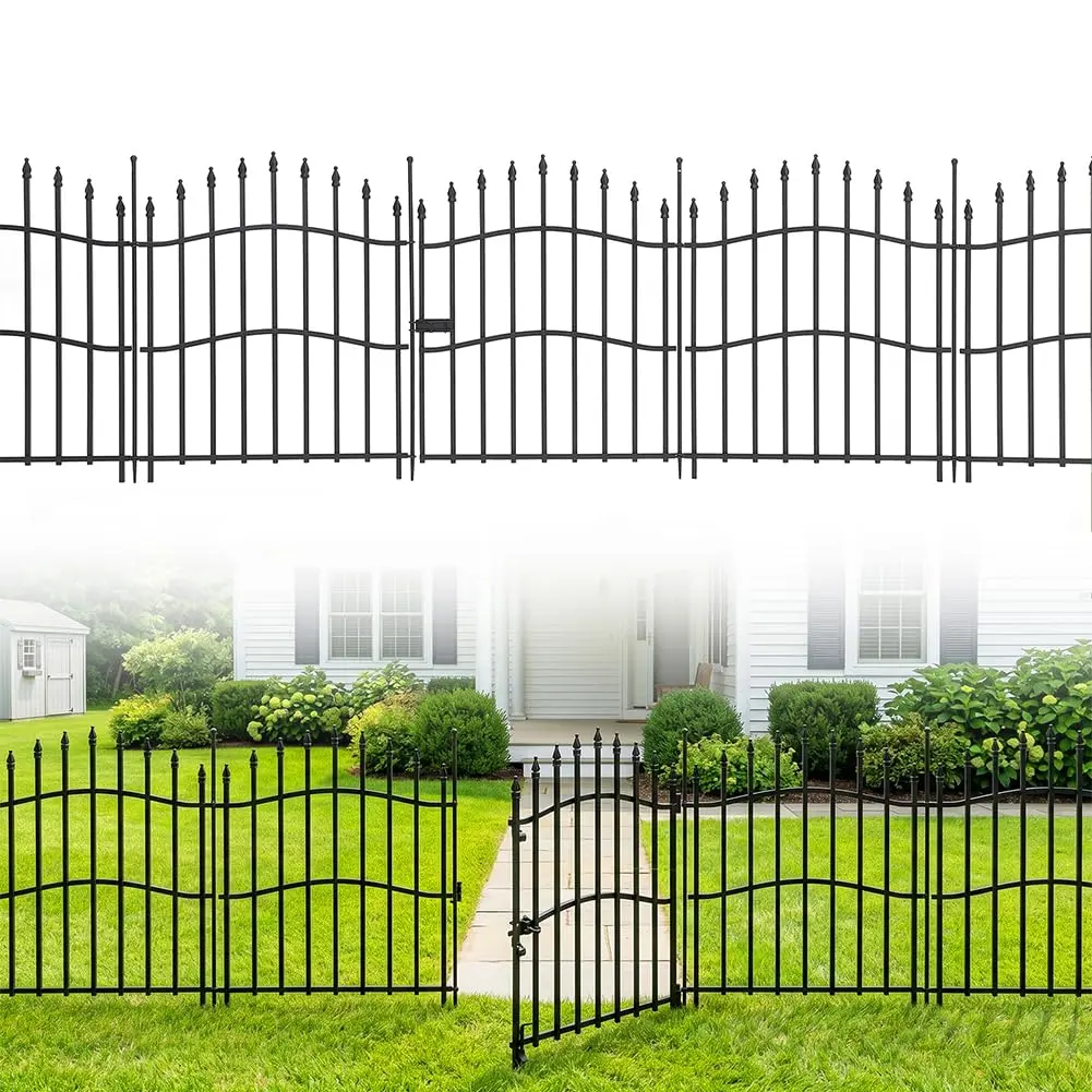 No Dig Metal Garden Fence 10-Pack with Gate, 24in Height x 22ft Total Length, Durable Animal Barrier for Yard, Patio Protection & Outdoor Decor