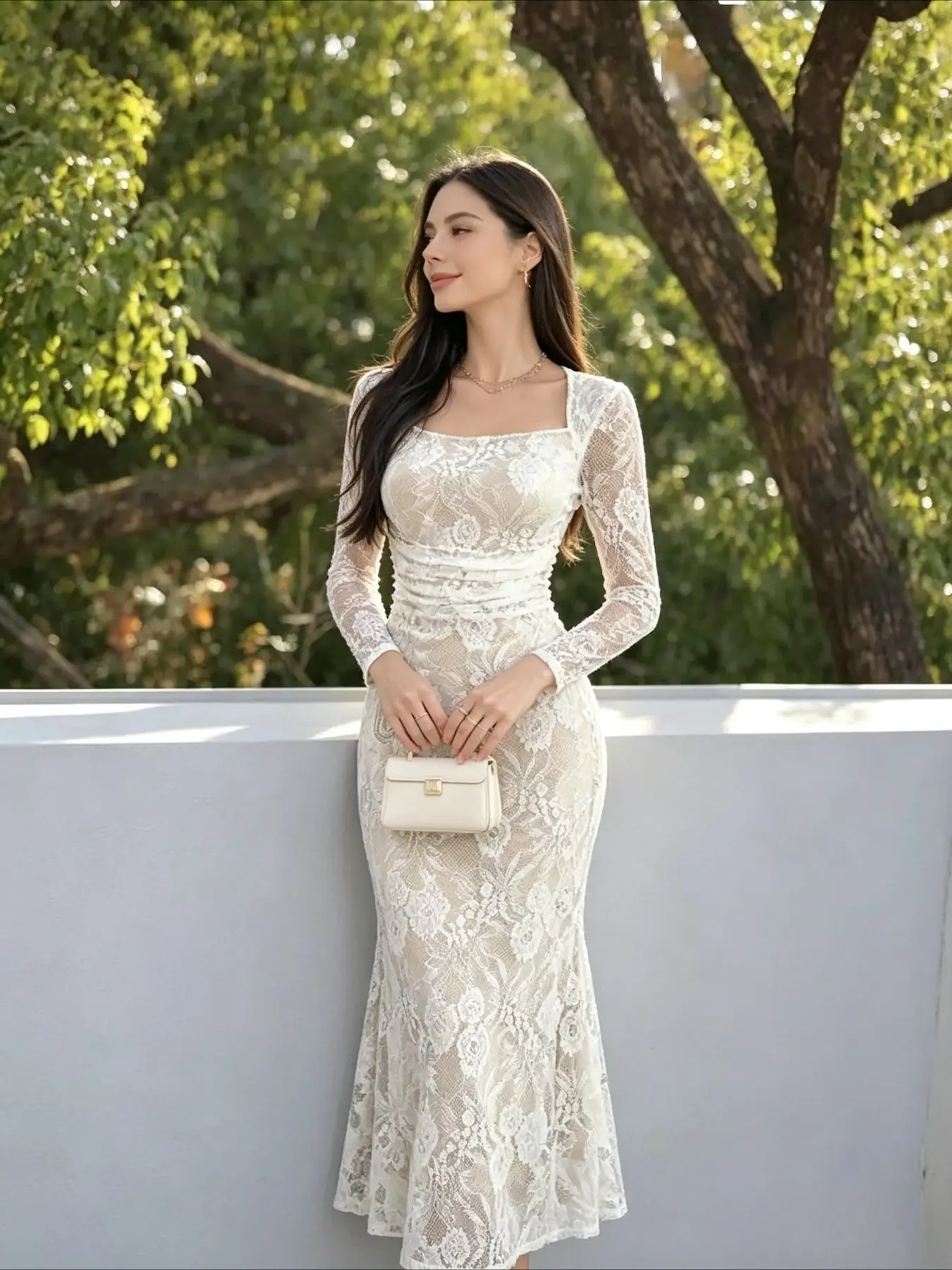 Women Solid Square Neck Long Sleeve Mesh Lace Mini Dress, Elegant Slim Fit Bodycon Dress, All Season Formal Outfit For Office, Dinner Date & Evening Party