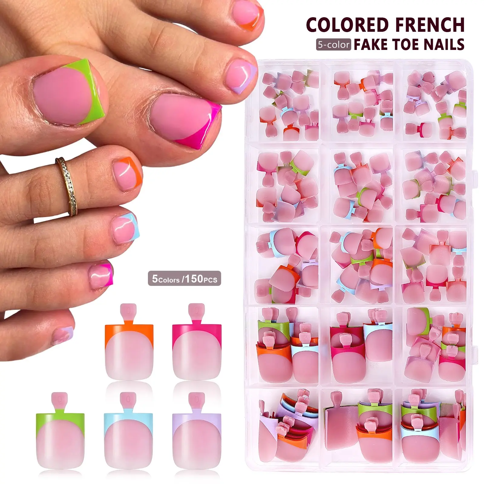 French Toe Nail Press Ons, French Tip Toenails, Pre-Etched 15 Sizes Sharp Square Berry Pink 150Pcs Press On Toenails False Toes Soft Gel Square Full Cover Fake Toenails for Nail Extensions DIY Salon Pedicure