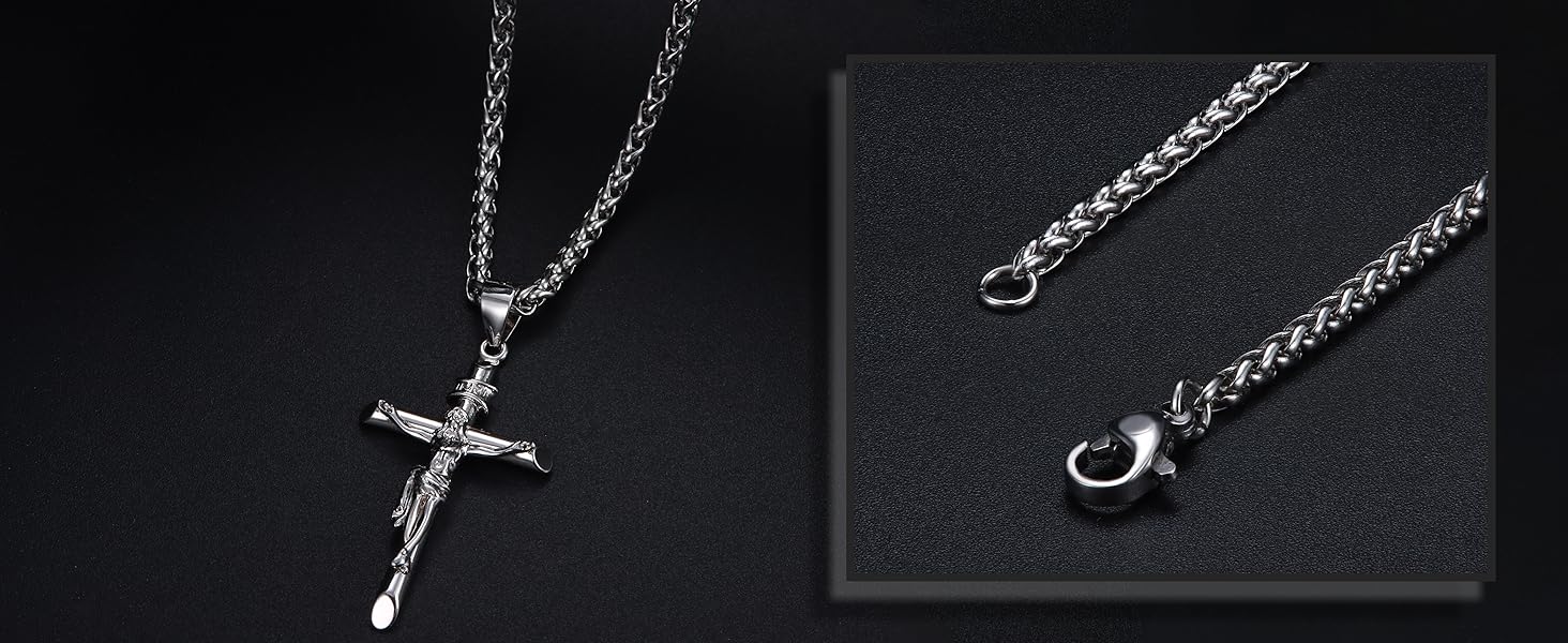 Besteel Silver Crucifix Pendant Necklace  for Women - Men's Sterling Silver Crucifix Necklace charm with Stainless Steel Rope Chain Catholic Baptism Jesus Cross Necklace Jewelry mens