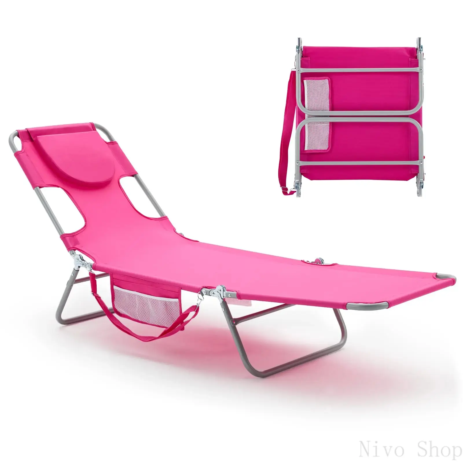 Tanning Chair, Folding Adjustable Patio Lounge Chair with Face Hole Carry Strap, Outdoor Sunbathing Chair, Lightweight Portable Beach Lounge Chair, No Assembly