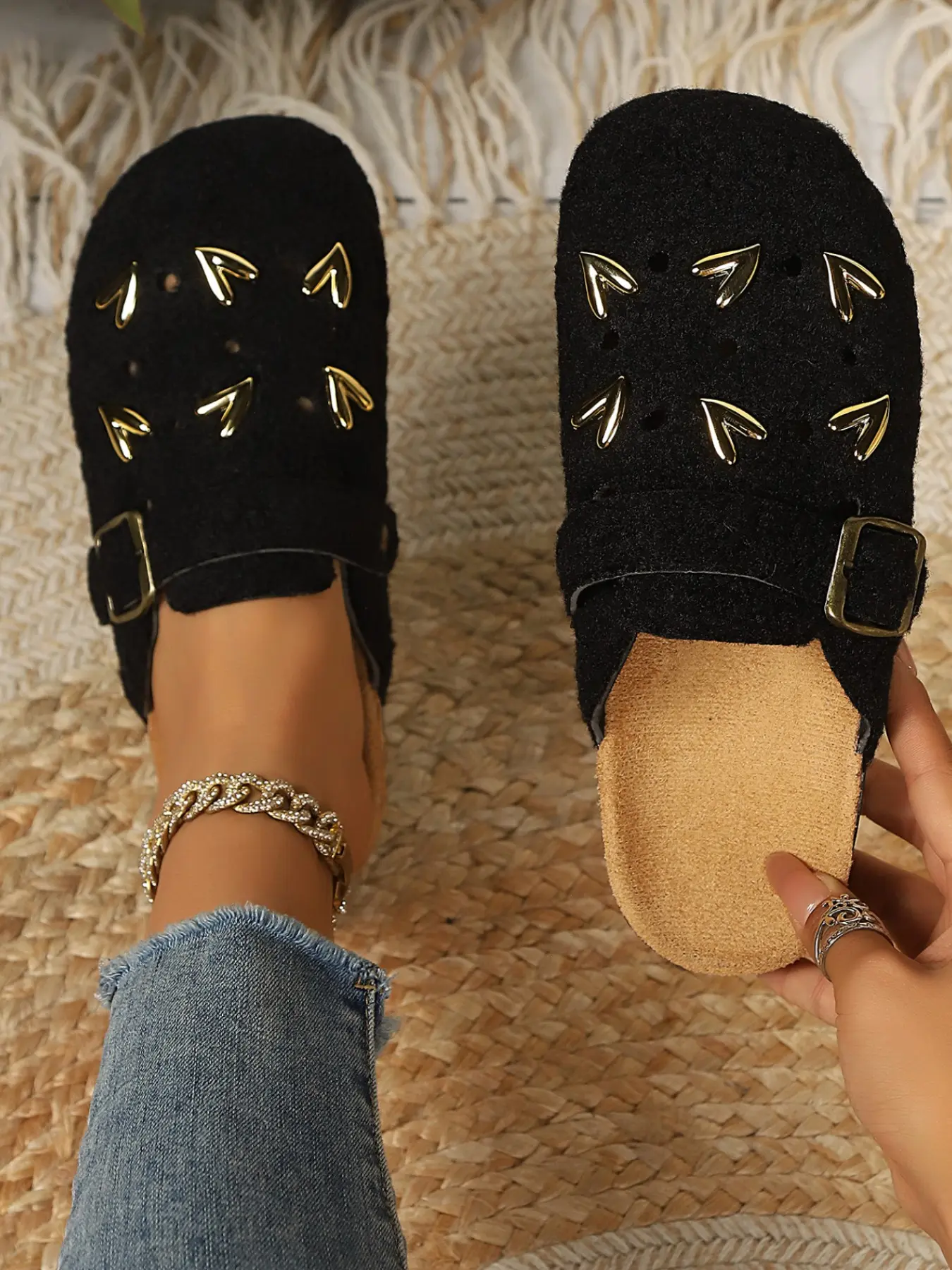 Punk Style Gold Arrow Stud Teddy Faux Fur Slip-On Half Sandals, Soft Wood Breathable Shockproof Adjustable Buckle Mules, Fall Winter Home Outdoor Wear