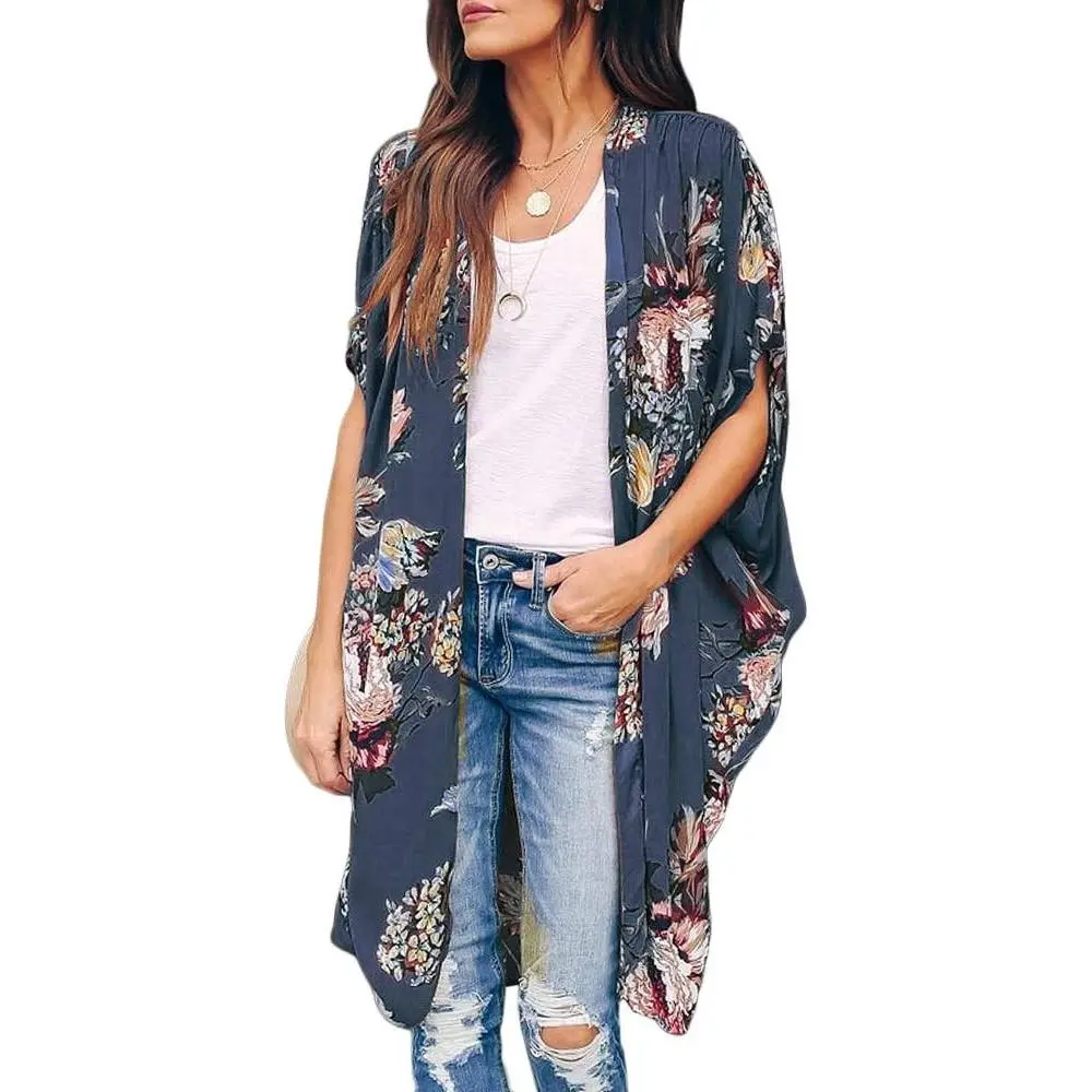 Womens Floral Kimono Duster Cardigans Short Sleeve Draped Oversized Beach Cover Up Cape