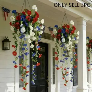 Three-color (red, white and blue) hanging artificial flowers and plants for American Independence Day. Festive home decorations for gardens, patios, indoor and outdoor use, ideal for graduation season and wedding decor. Faux Decorative Flowers