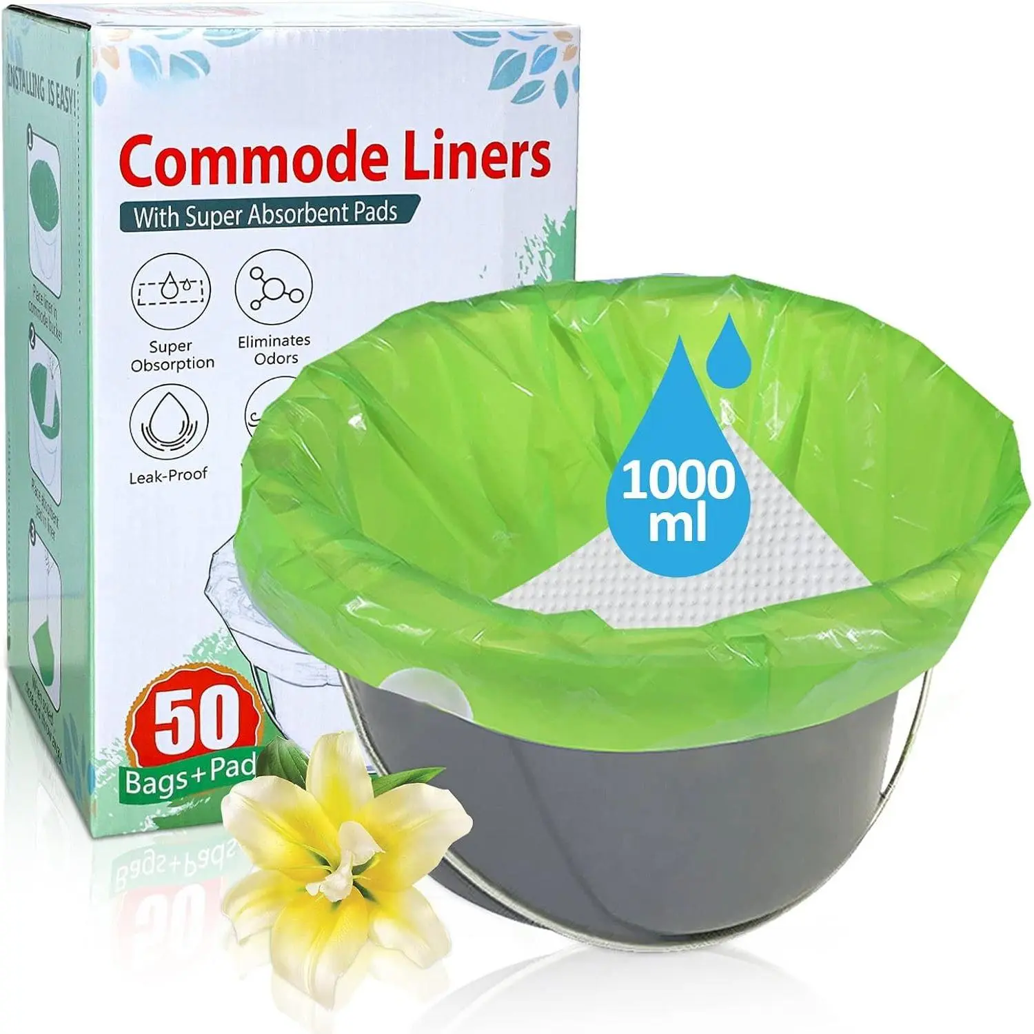 Commode Liners for Bedside Commode with Super Absorbent Pad 50 Pack Disposable Bags  Fit  Standard Toilet Chair Bucket