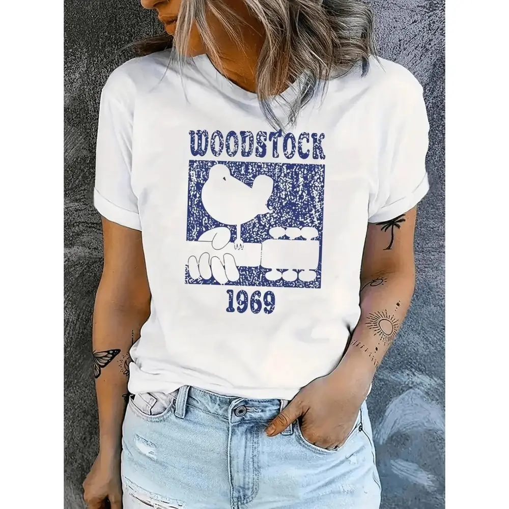 [Ssummer outfits]Woodstock 1969 Graphic Tee for Women Casual Crew Neck Short Sleeve T Shirt in Polyester Knit Fabric with Medium Stretch Featuring Animal Pattern Perfect for Summer Top