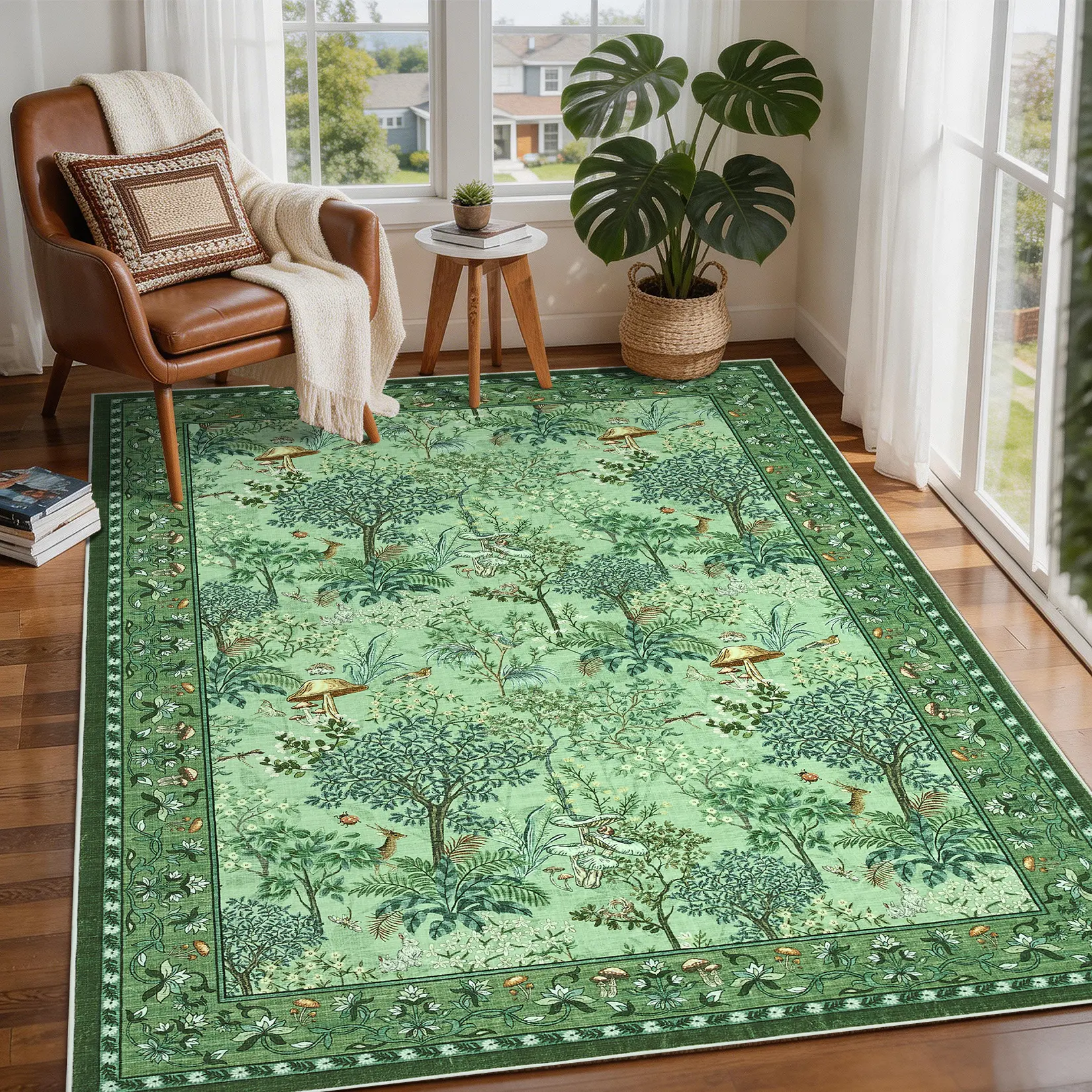 Washable Jungle Living Room Rugs, Mushroom Print Bedroom Rug for Farmhouse, Low Pile Ultra Thin Non Slip Large Home Decor Area Rug for Apartment Office