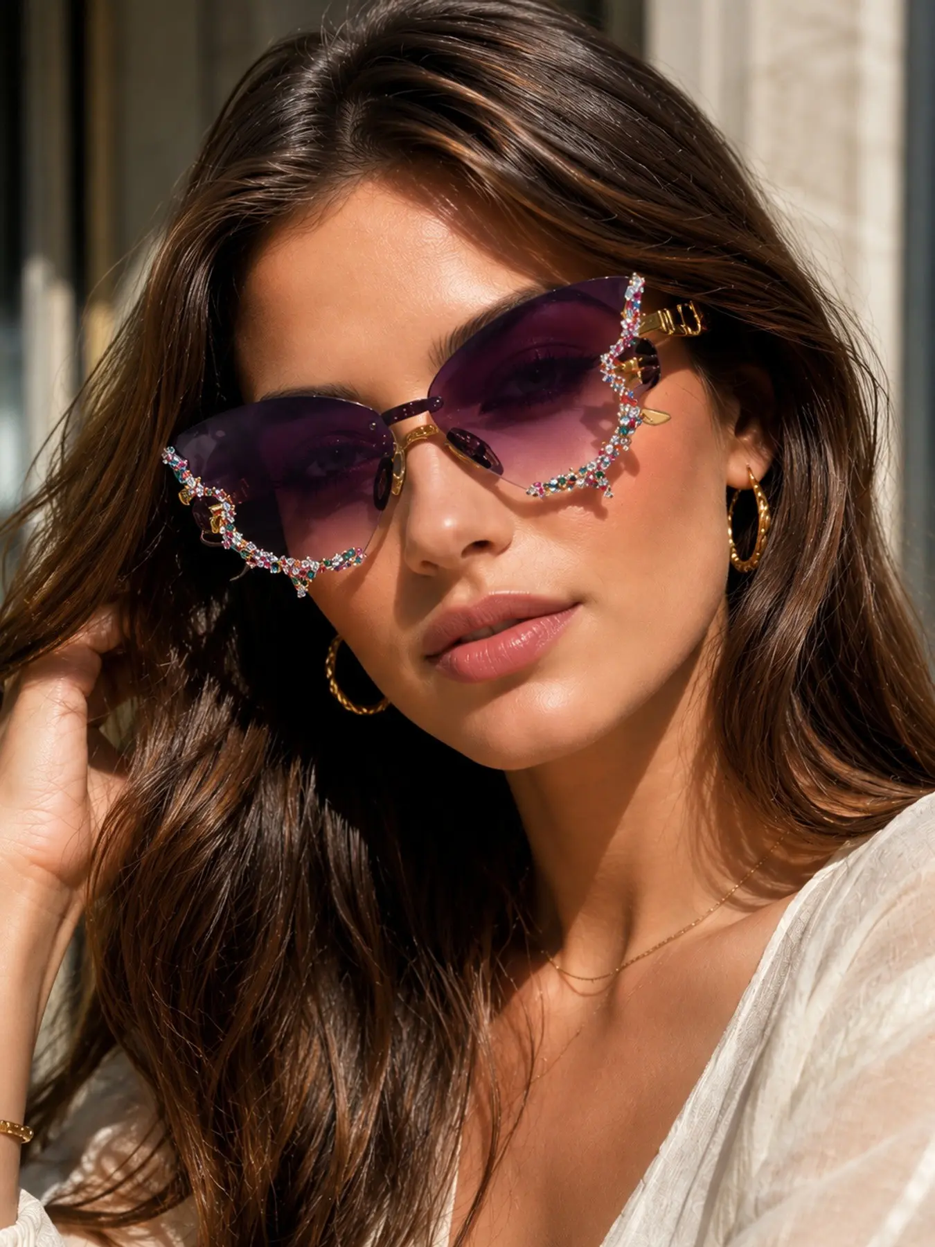 1pair Rimless Butterfly Sunglasses for Women, Oversized Sparkling Embellished Cat Eye Shades, Y2K Statement Eyewear for Summer Festival, Back to School, Wedding Party and Holiday Gift