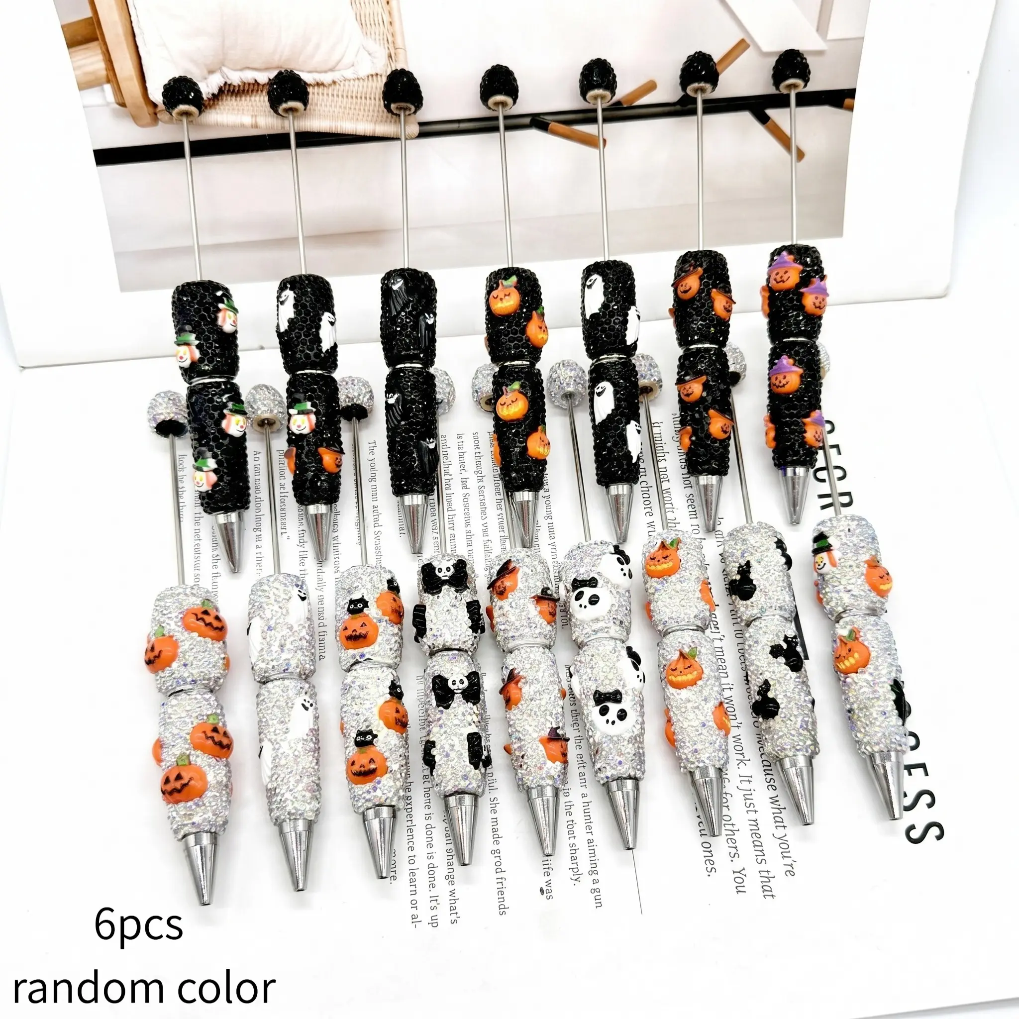 6pcs DIY Halloween Beaded Pens, Pumpkin Ghost Cat Rhinestone Pens, Cartoon Cute Beads Ballpoint Pens, Handmade Rhinestone Festival Stationery Gifts