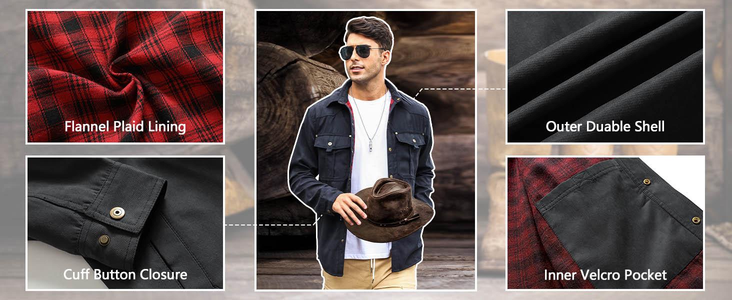 Men's Flannel Lined Shacket Jacket Plaid Brushed Lining Cowboy Western Twill Outdoor Shirt Jacket