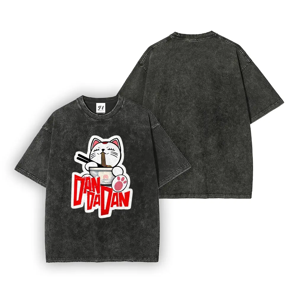 Multi Color Vintage Acid Washed Oversized Short Sleeve T Shirt, Dan Da Dan Turbo Granny Cat Eating Noodles Anime Graphic Vintage Washed Tee, Retro Manga Streetwear Casual T-Shirt for Men Women Multiple Vintage Washed Color Options