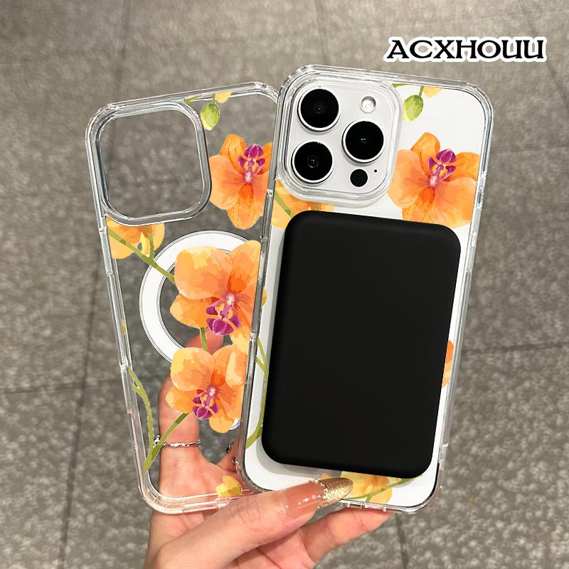 Magnetic Compatible Case for iPhone 16 E Pro Max 15 Plus 14 13 12 11 XS XR, Cute Orange Orchid Watercolor Design | Shockproof, Stylish, Girly, Scratch Resistant, and Silicone Protection