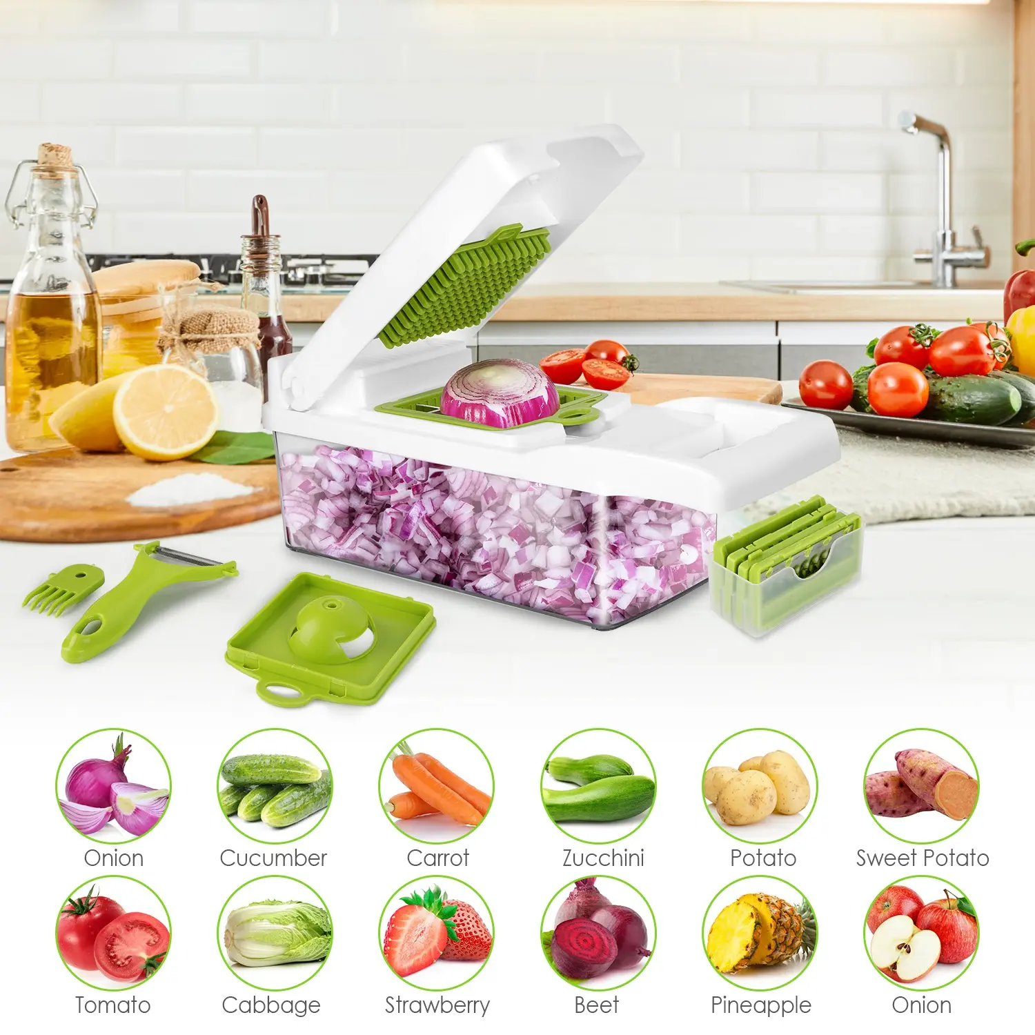 1Set 12-in-1 Plastic Straight Blade Kitchen Vegetable Chopper with Container - Stainless Steel Slicer, Dicer, Grater, Peeler, Egg Separator, Hand Protector for Onion, Salad, Cheese, Utensils