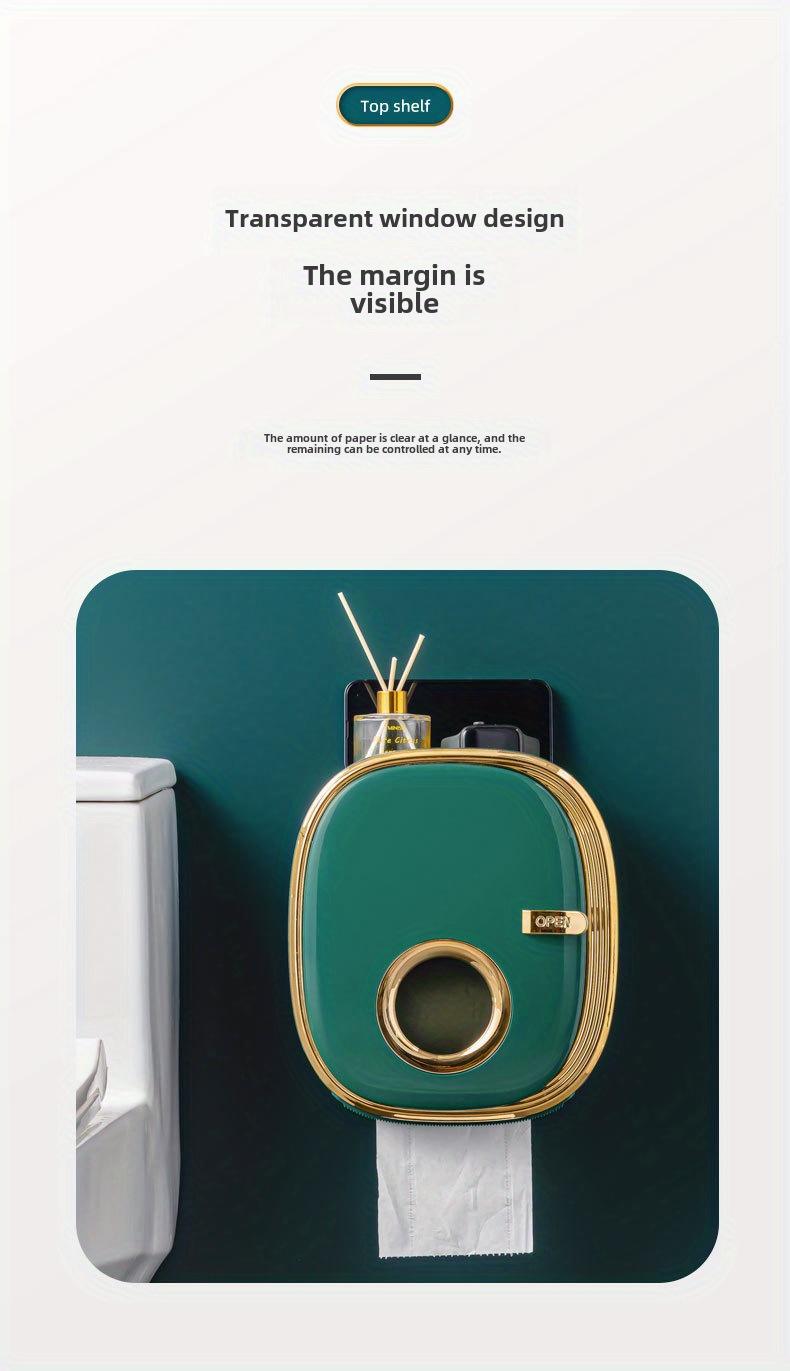 OTEN Large Capacity Double-layer Waterproof Tissue Storage Box Wall Mounted Plastic Roll Paper Holder Non Perforated Design with Storage Compartment Home Goods Installation Golden