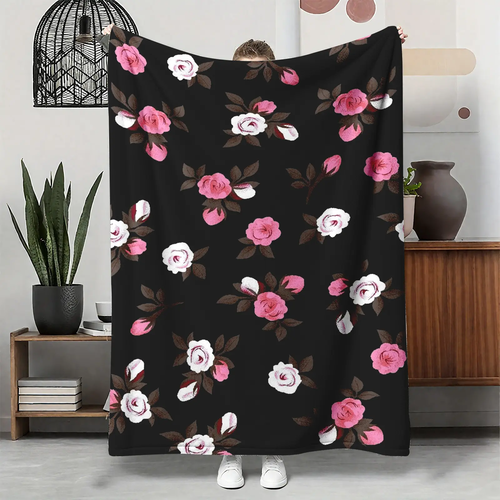 【Summer Sale Deals】Cozy Aesthetic Pink-White Rose Print Cloud Blanket - Black Background, Wrinkle Resistant, Breathable Lightweight Flannel AC Throw, Durable Sofa-Bed Blanket, Women's Birthday Gift, Coquette Home Decor, Machine Washable, Family, Cozy Setu