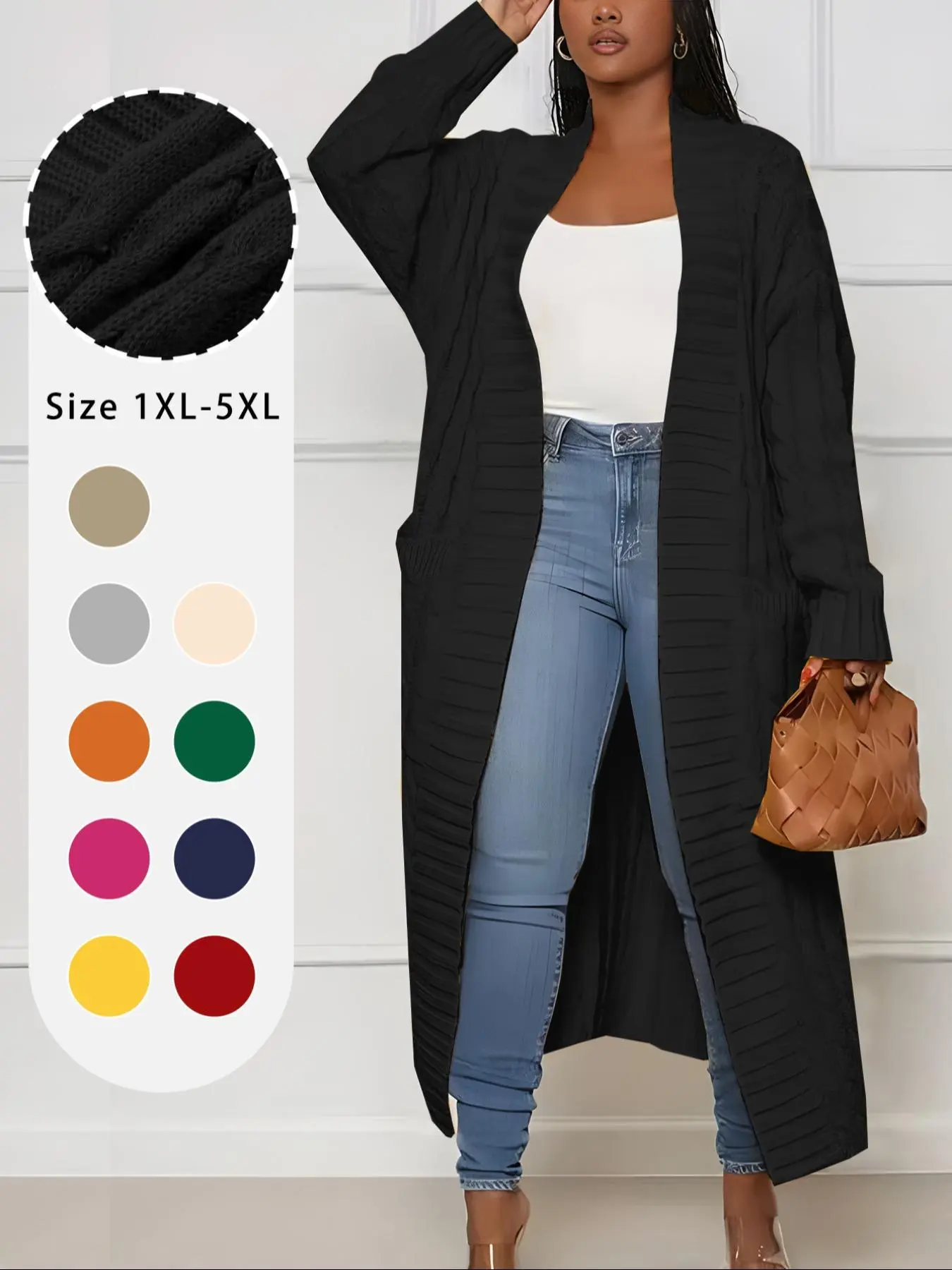 Plus Plain Textured Drop Shoulder Knitwear Cardigan, Casual Long Sleeve Pocket Coat for Women, Women's Plus Clothing for Spring & Fall