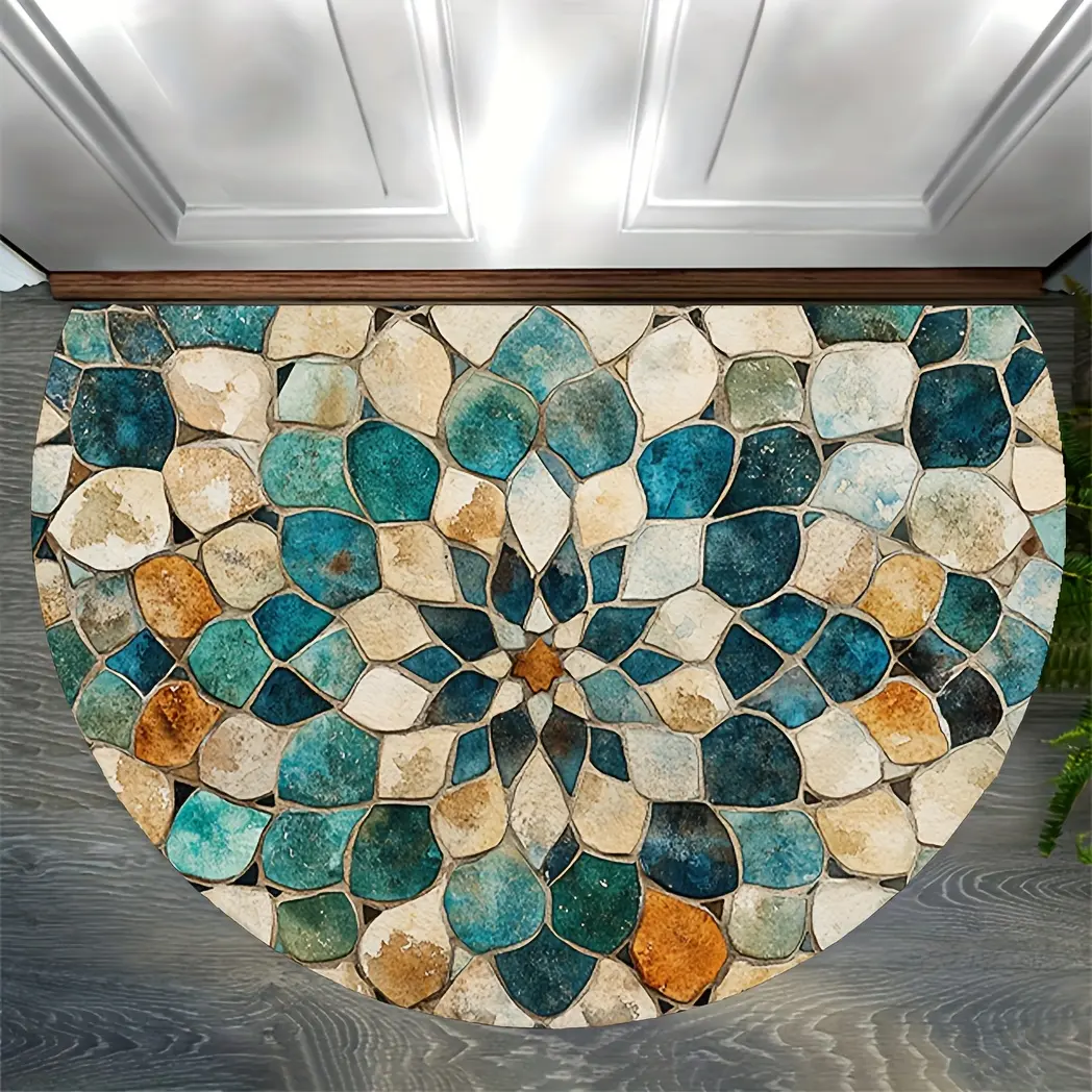 1 Moroccan mosaic style semi-circular doormat, Entrance doormat - machine washable non-slip floor mat, home decor mat, earth blue rice tone, suitable for home, office, cafe - a variety of sizes to choose from, safe and non-slip