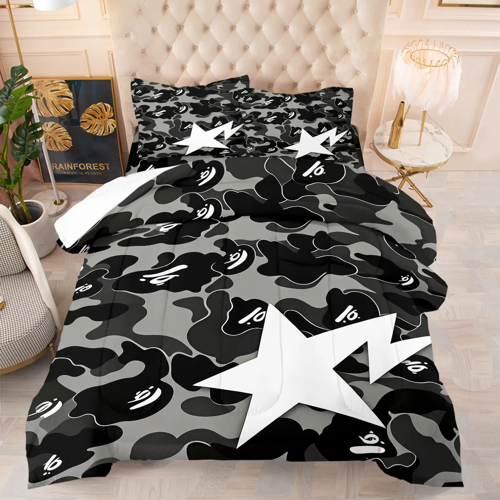 Grey Black Camo White Star Comforter Set (1 Comforter + 1-2 Coreless Pillowcases), Soft Comfy Durable Washable, All Season Microfiber Bedding, Streetwear Camouflage Print Decorative Bed Set for Teens Boys Bedroom Dorm
