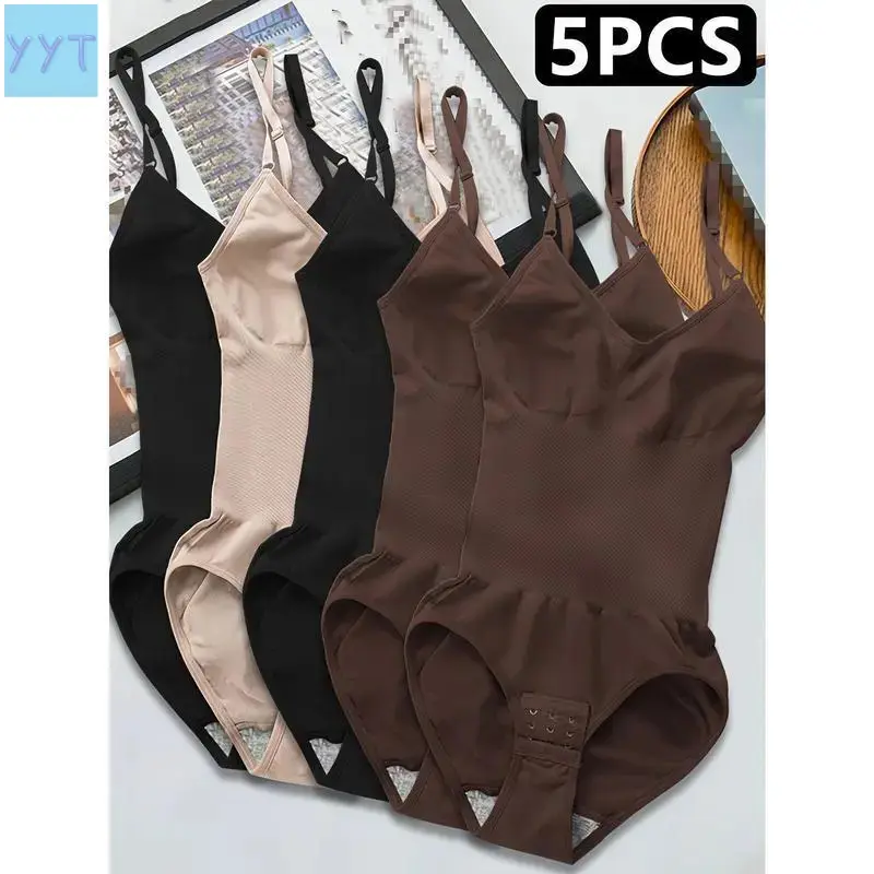 YYT1 5pcs Women's Seamless Shapewear Bodysuit with Abdominal Compression & Hip Lifting - Tummy Control, No Padding, Stretchy-Spandex Blend, Black/Brown/White/Beige/Navy Blue, Travel & Casual Attire, Comfort Undergarment |         Closefitting Sha