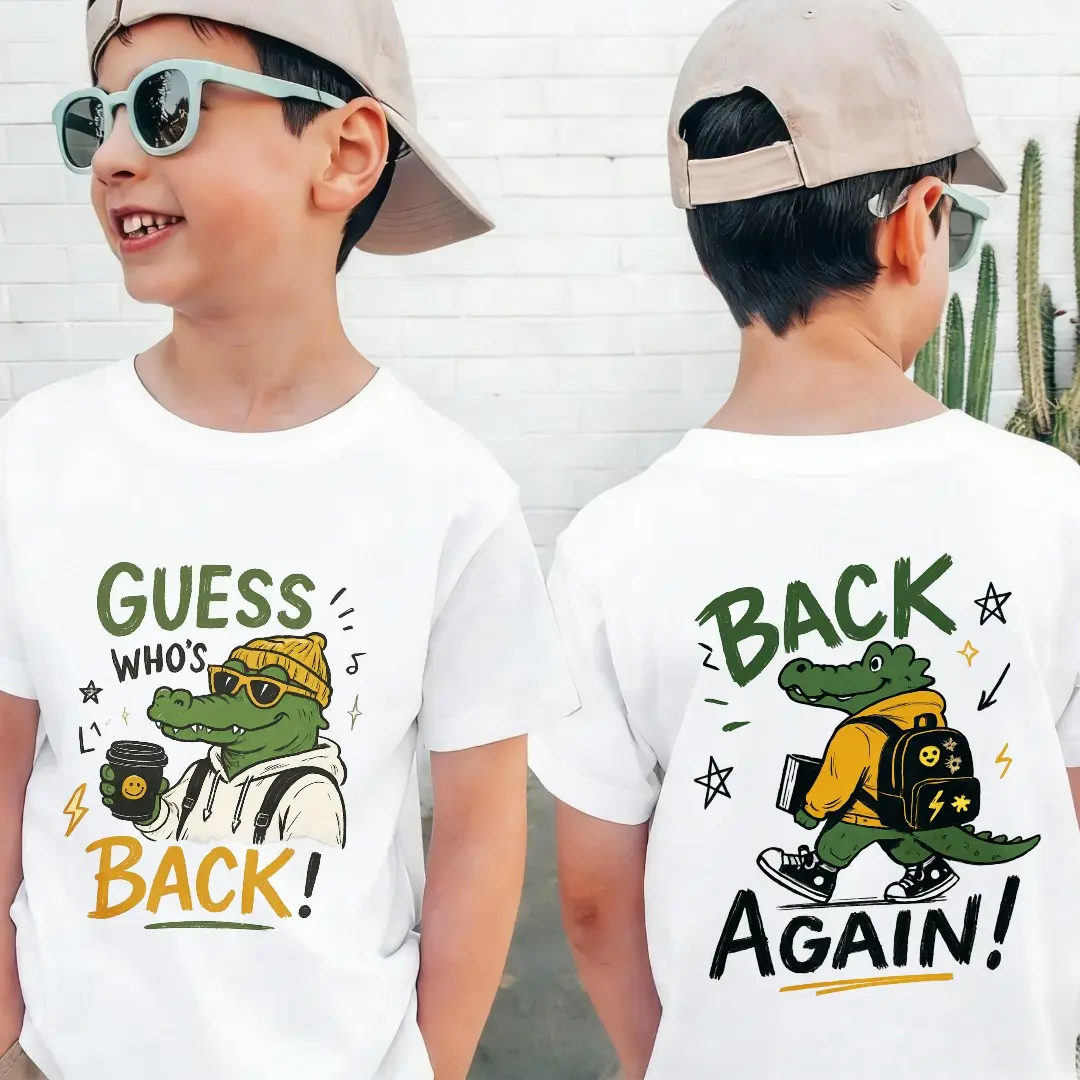 Guess Who's Back Gator Print 2-sides Shirt for Boys and Girls, Back Again Unisex Tee, Funny Crocodile Student Shirt, Retro Summer Alligator Top, First Day Of School Shirt, Gator Casual Daily Wear Summer Top