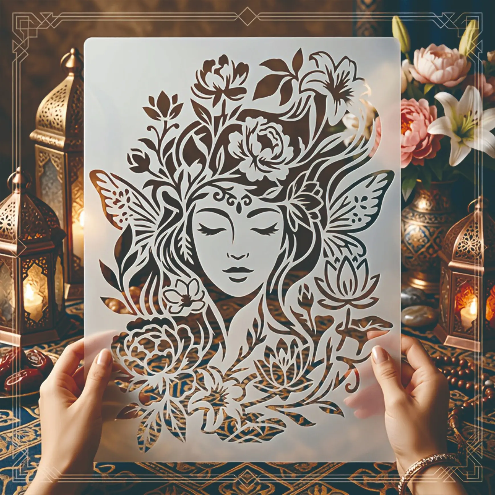 A4 Reusable Template with Fairy Pattern, Female Face Butterfly Wings Plant Goddess Portrait, for Wooden Furniture Canvas Wall Art Fabric Crafts Scrapbook