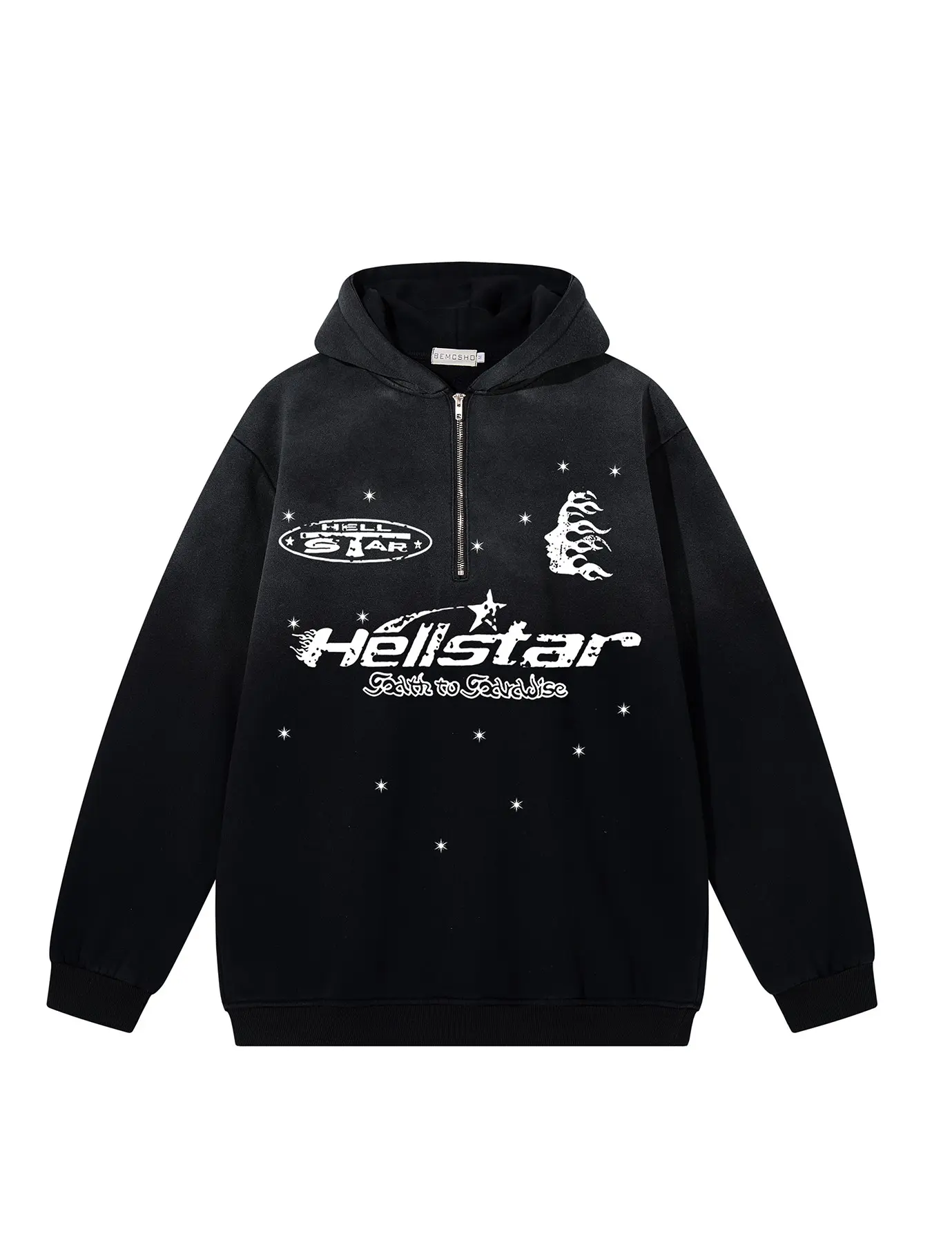 American Vintage Washed Tie-Dye Gradient Letter Flame Star Print Half-Zip Hoodie, Men's Fall Winter Fashion Casual Jacket