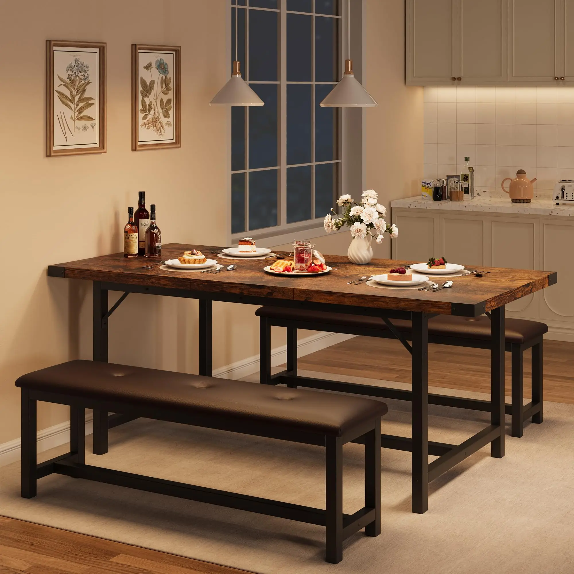 63" Expandable Rustic Brown Dining Table Set for 4-6, Includes 3-Piece Kitchen Table with 2 Cushioned Benches and Folding Rectangle Design with Corner Guards, Perfect for Apartments and Dining Areas