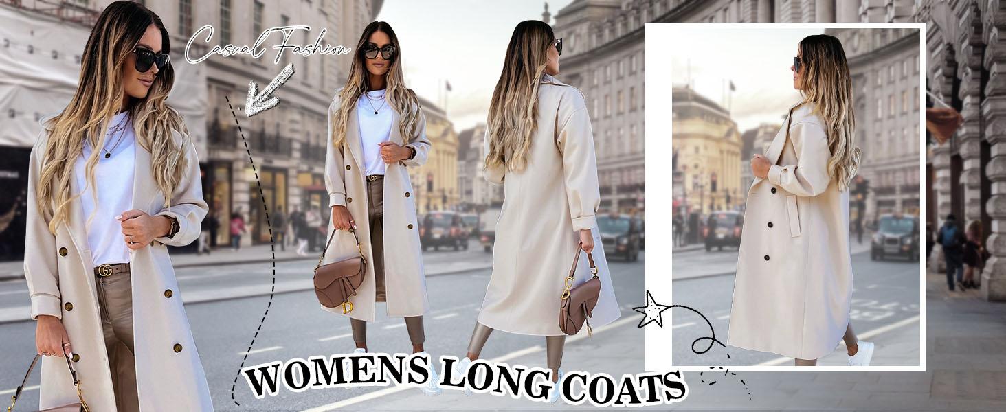 Women's Long Coat Notched Lapel Collar Double Breasted Pea Coat Winter Elegant Wool Blend Over Coats Jackets