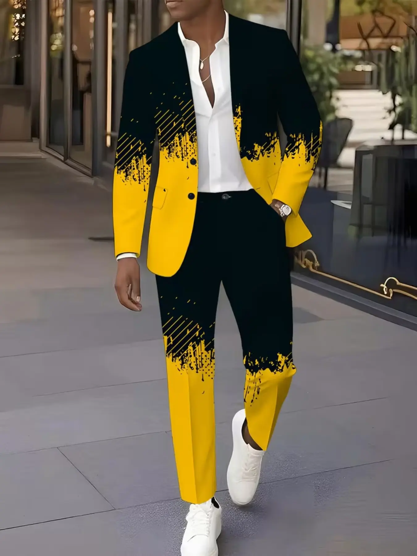 Men's trendy yellow leopard print and skull print two-piece suit, slim fit suit and trousers set, European and American style party outfit, casual and fashionable men's clothing set.