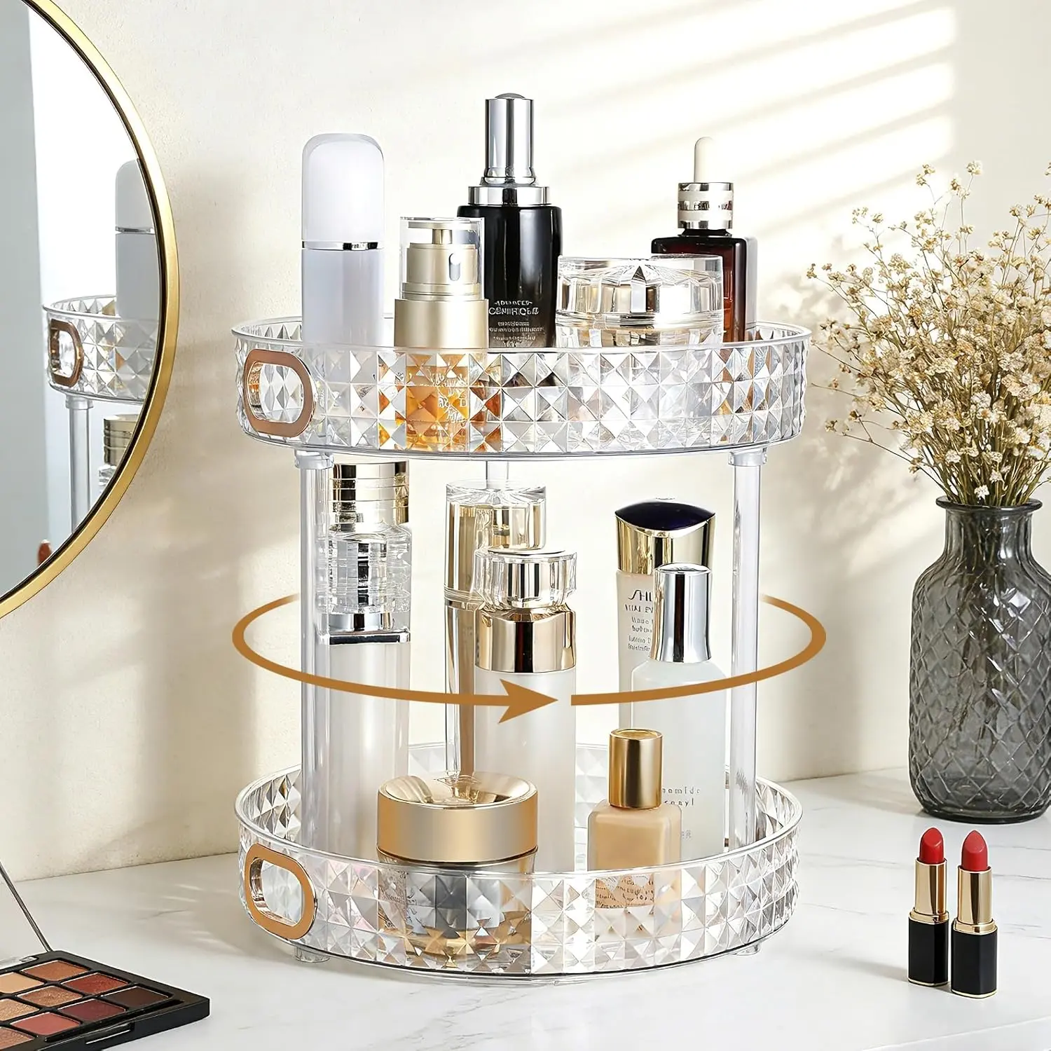 360 Rotating Perfume Organizer, 2 Tier,  , Clear | 10.6" Large Rotating Makeup Organizer for , Bathroom Countertop Organizer, Lazy Susan, Skincare Lotion Perfume Storage