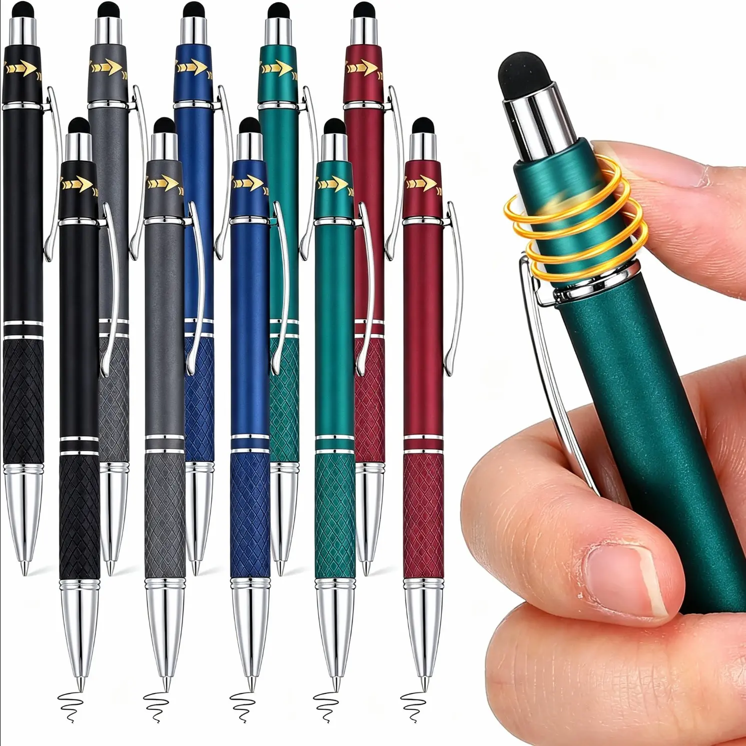 10 Pcs Fidget Pens, Colorful Stress Relief Pens 2-in-1 Metal Stylus Retractable Ballpoint Writing Pen with Stylus Tip 1.0 mm Black Ink Anxiety Relief Pen for Adults Office Coworker Gifts
