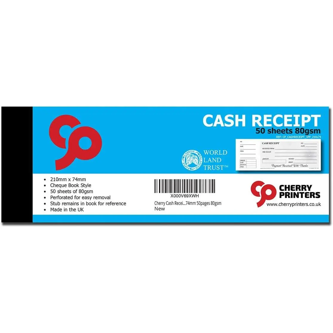 Cherry Cash Receipt Book - Check Book Style with Convenient Stub for Reference (8.26 x 2.91 Inches) 50 pages