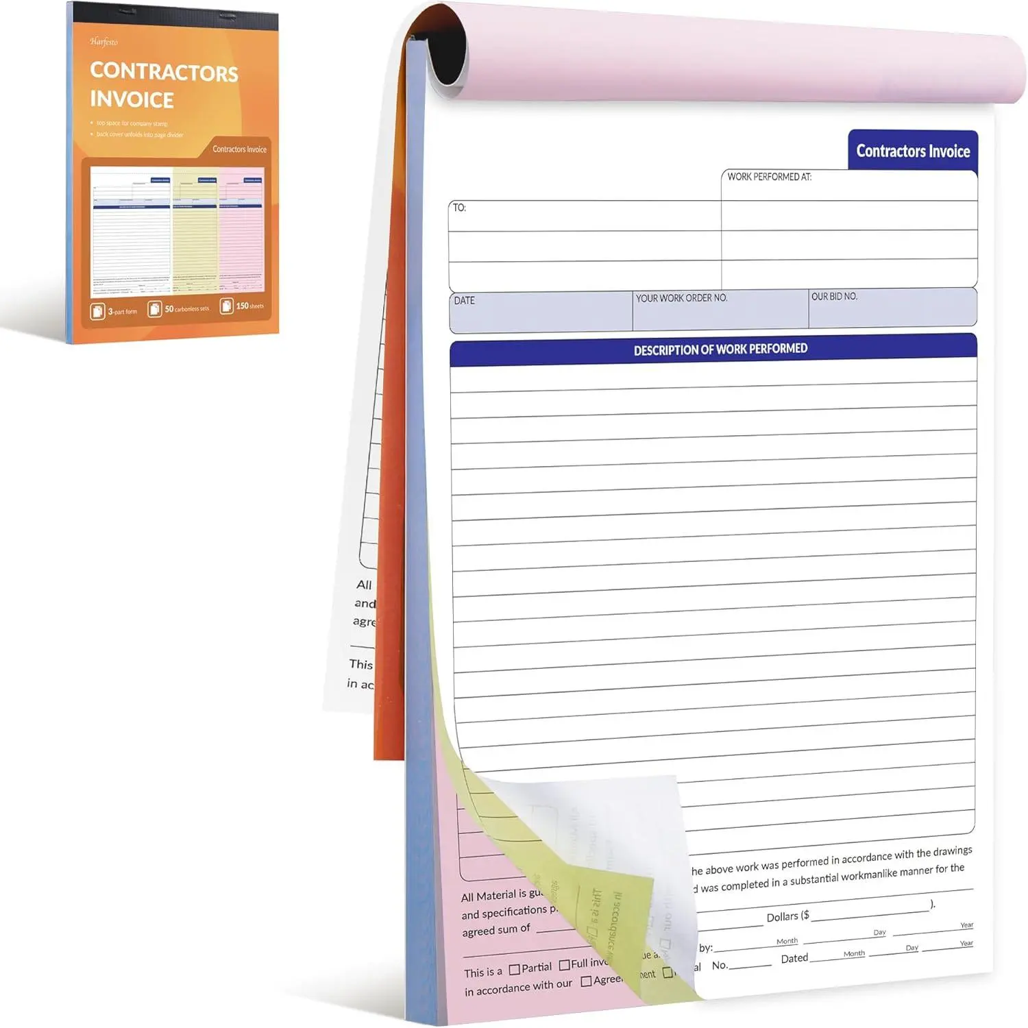 Contractor Invoice Book, Work Order & Estimate Forms, 3-Part Carbonless, 8x11 Inches, 50 Sets for Small Business | Large Work Description Area | Instant Customer & Office Copies