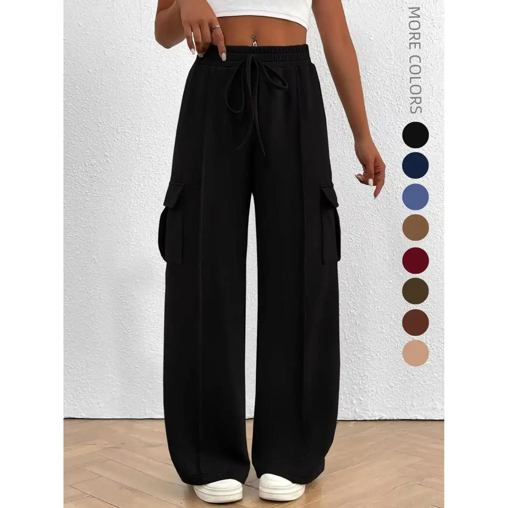Women's High-Waisted Baggy Basic Cargo Lady Trousers - Breathable Everyday Fabric, 8-Color Options, Casual Lounge Style Pants for Women, Comfy Pants, Breathable Wear, Loose-Fit, All Seasons, Cargo Trousers, Drawstring, Oversized, High Waist, Chic Pants