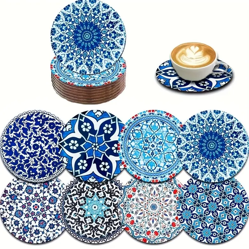 Eight unique coaster sets, Persian Türkiye Morocco Mandala pattern, printed wooden coaster sets, car coasters, Coasters for drinks, tea cup mats, beverage mug mats, suitable for home, dinner, gifts for parents and friends, thickness 0.5cm