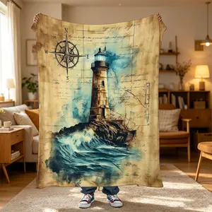 One PC Short Plush Flannel Blanket,Vintage style ocean lighthouse pattern,Tender soft flannel blanket, snug breathable, no stuffy sweat. Sofa nap, bedroom decor, holiday gift, multi-use home & pet blanket