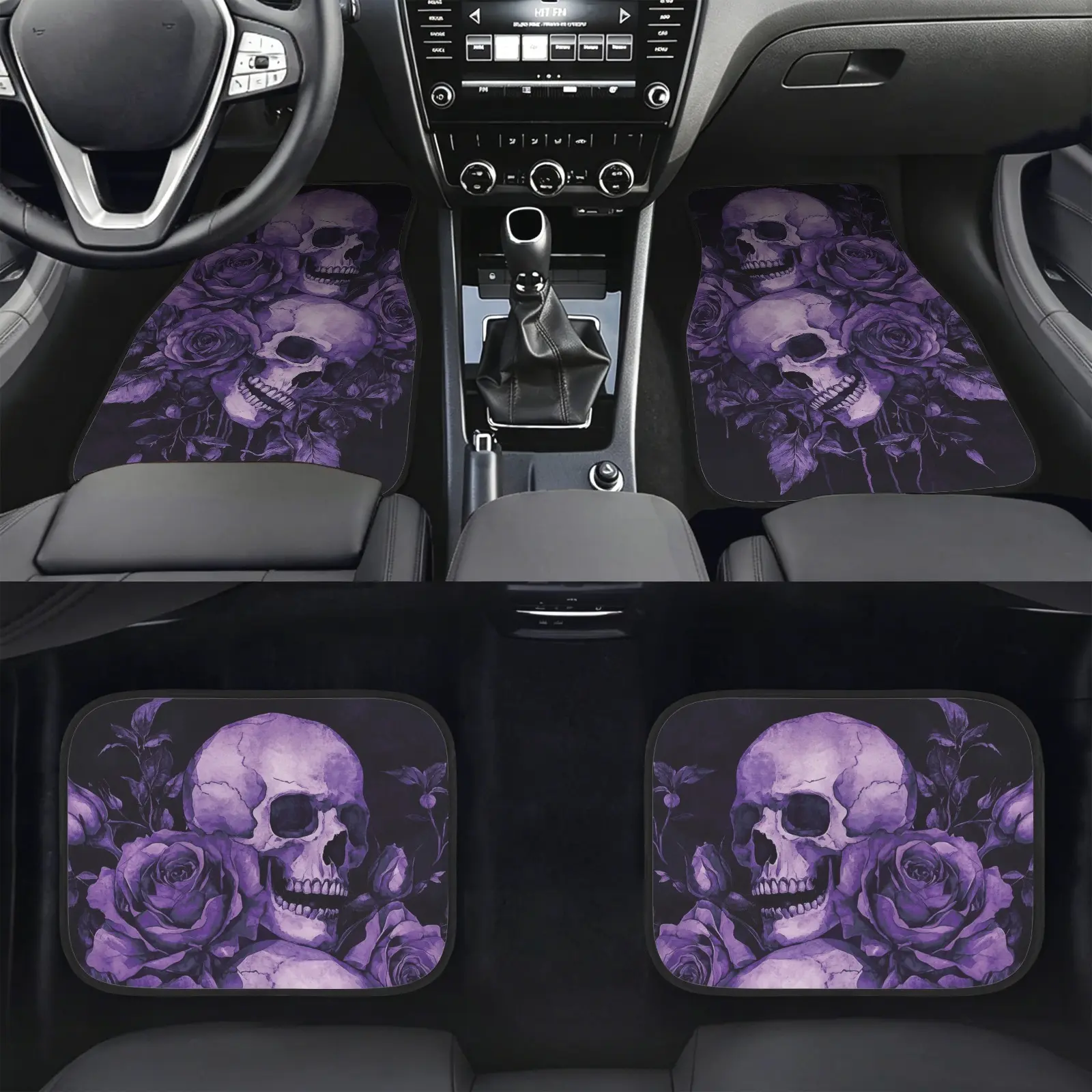 Gothic Theme Dark Raven Skull & Red Roses Car Floor Mats (4 Pieces, 42x46cm, Flannel+TPR), Anti-Slip Backing Stain-Resistant Mats for Sedan SUV Truck, Halloween Automotive Accessories, Daily Commute Use, Pre-Cut Mats
