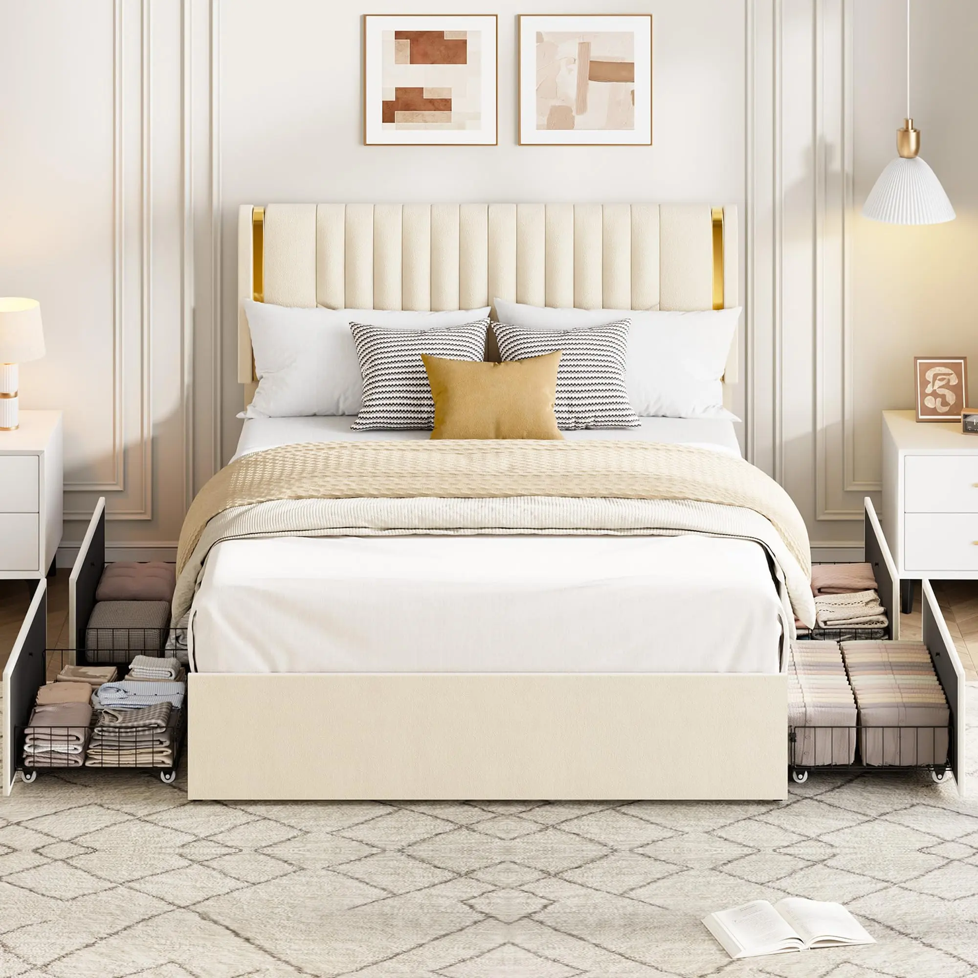 Full/Queen White Upholstered Bed with 4 Drawers & Adjustable Tufted Headboard, No Box Spring