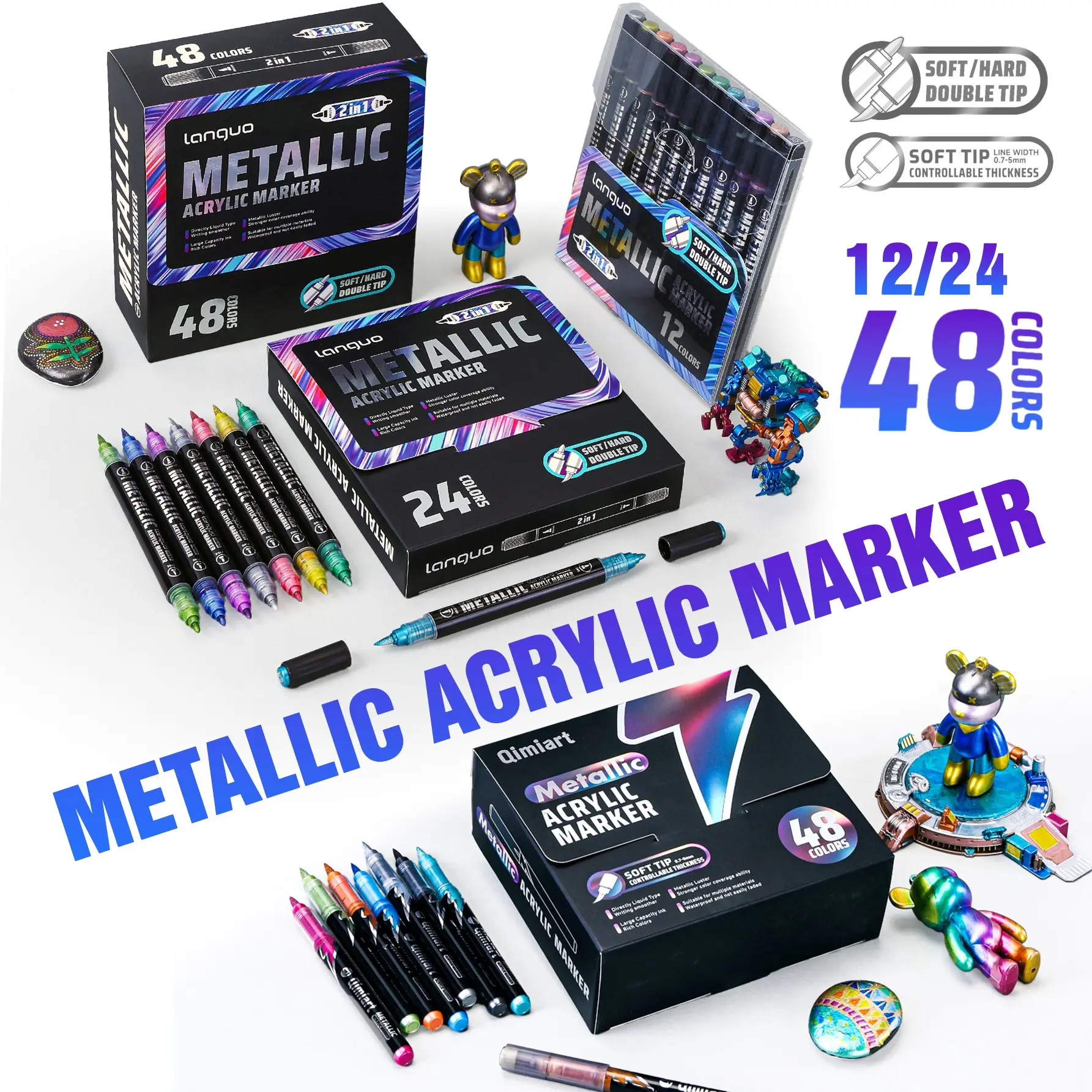 12/24/48 Color Metal Dual-Ended Acrylic Markers Set, Professional Art Supplies, Suitable for Wood, Glass, Metal, Ceramic, Plastic, Fabric