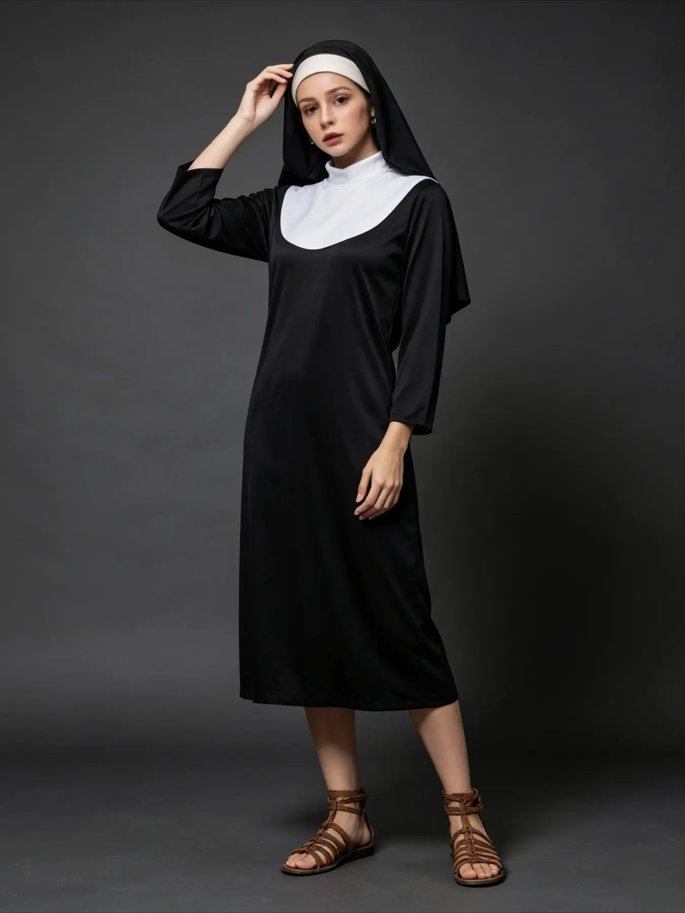 Traditional Nun Costume Long Dress With Headwrap Baggy Halloween Party Cosplay Stage Show Wear