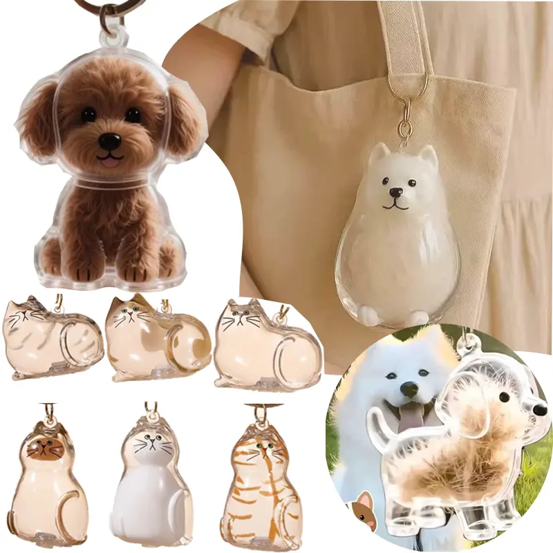 Handmade Translucent Storage Dog/Cat Hair Keychain, Creative Pet Souvenir Ornament Pendant for Pet Lovers, Animal Figures