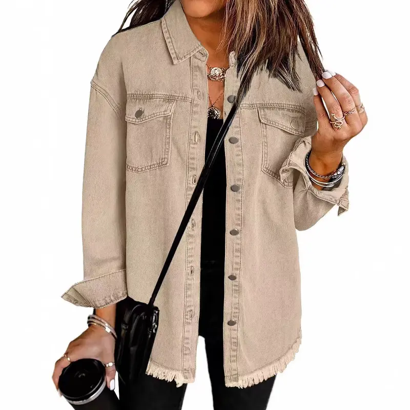 New washed denim shirt jacket for autumn and winter, unique street style with frayed hem