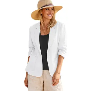 Mina Self 2026 Summer Linen Blazer Women - Lightweight Breathable 3/4 Stretchy Ruched Sleeve Casual Work Jacket with Pockets