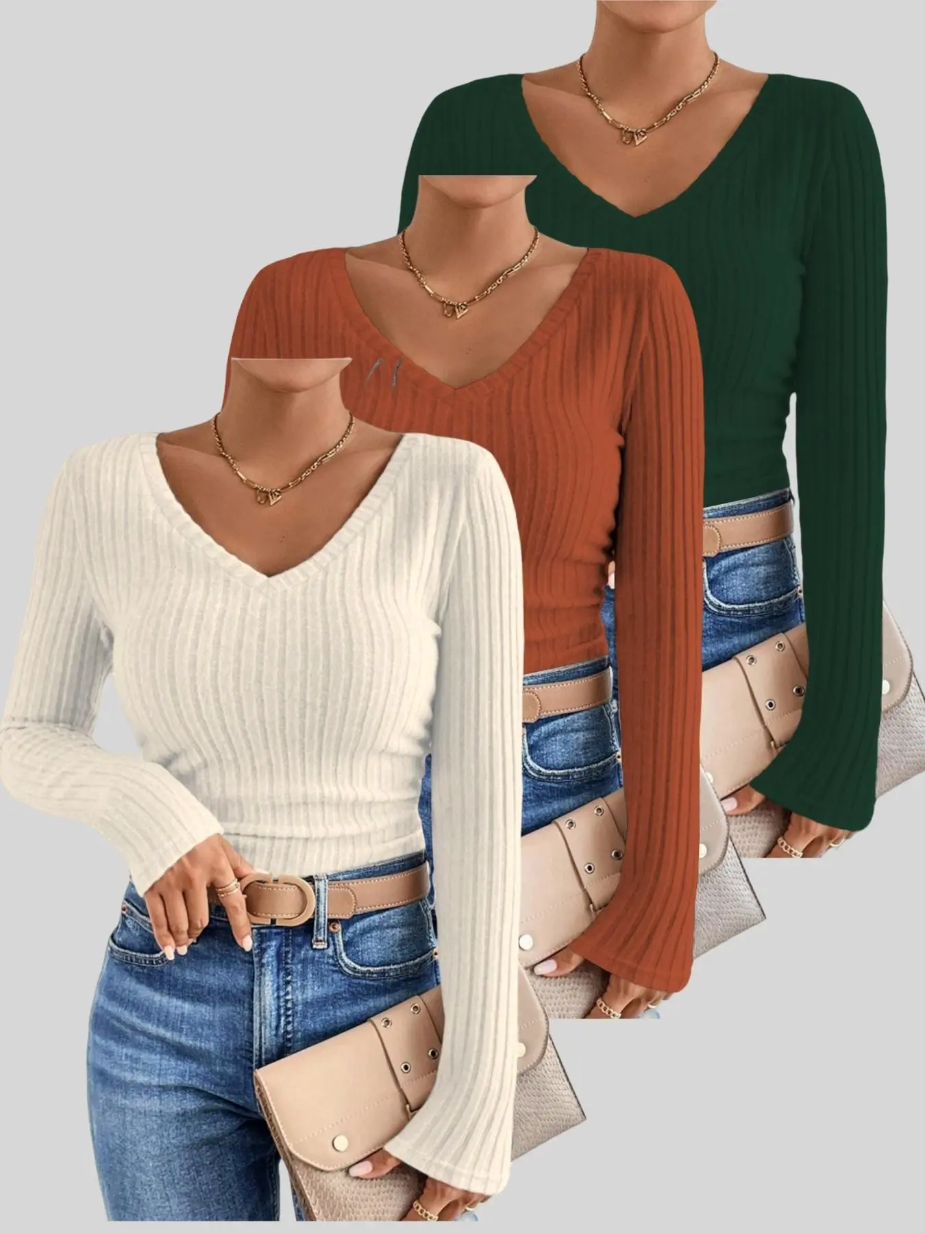 New Women's Fall Winter Solid V-Neck Long Sleeve T-Shirt Set of Three, Stylish, Casual and Comfortable for Daily Wear