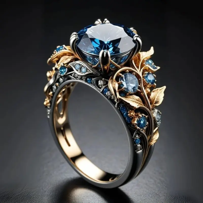 Vintage Blue Rhinestone Leaf Ring for Women, Elegant Design Party Jewelry, Unique Personality Ring for Special Occasions, Elegant Fashion Rings