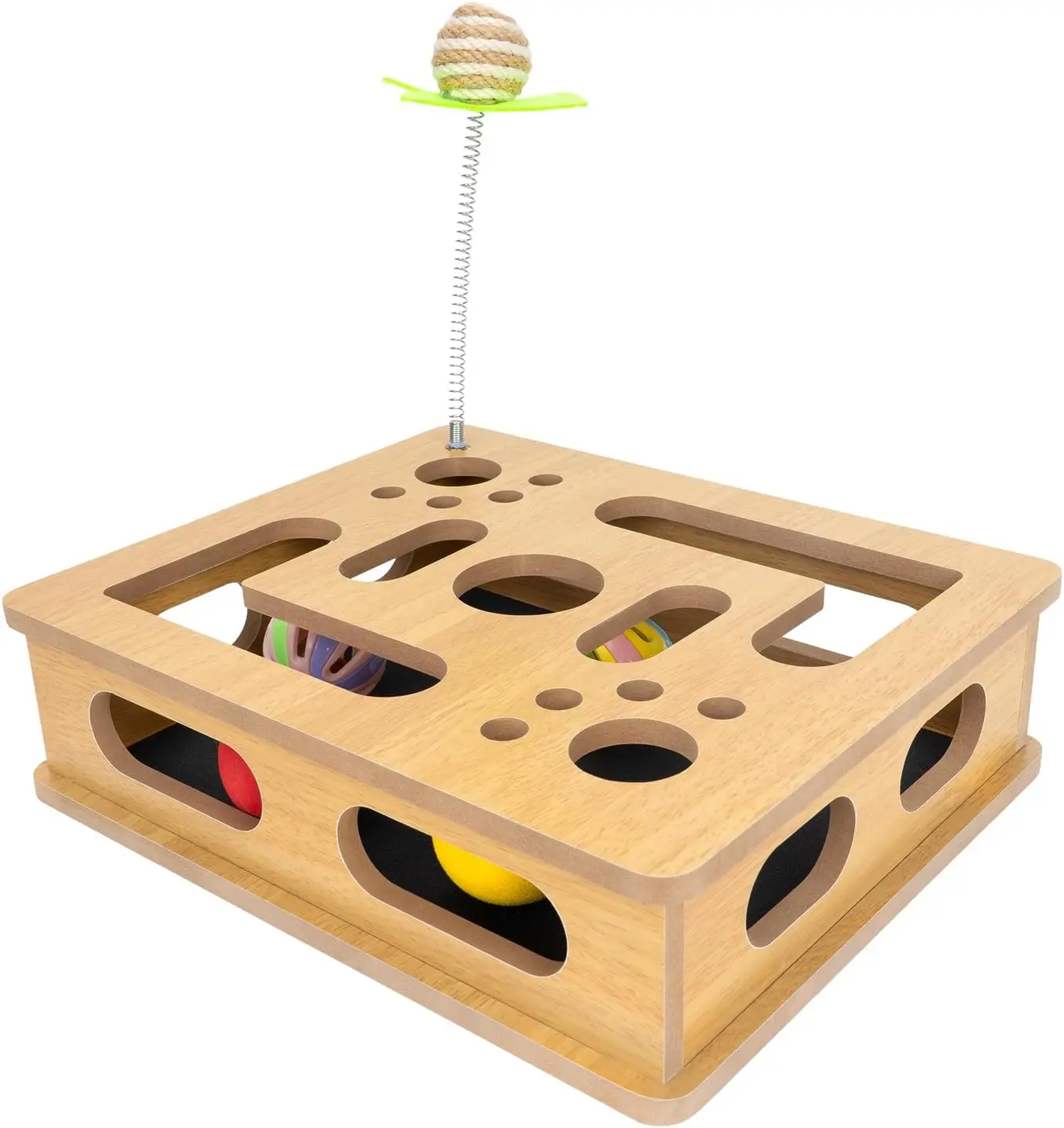 Burlywood 3-in-1 Eco-Friendly Cat Scratch Puzzle Enrichment Box - No Assembly Required, Built-in Sandpaper Claw Trimming, Mental Stimulation for Playtime, Includes 2 Bell Balls