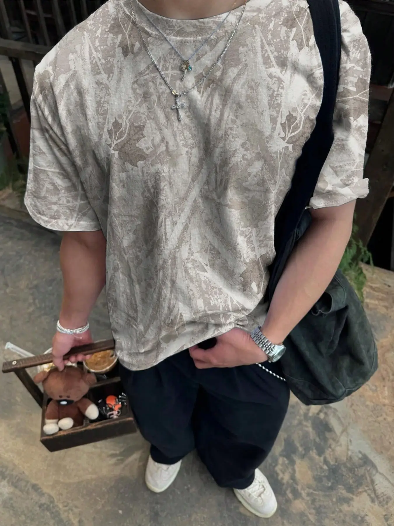 Men's Fashion Street Style Camouflage T-Shirt, Vintage Washed Leaf Print, Loose Fit, Short Sleeve, Soft Breathable Fabric, Summer Casual Wear