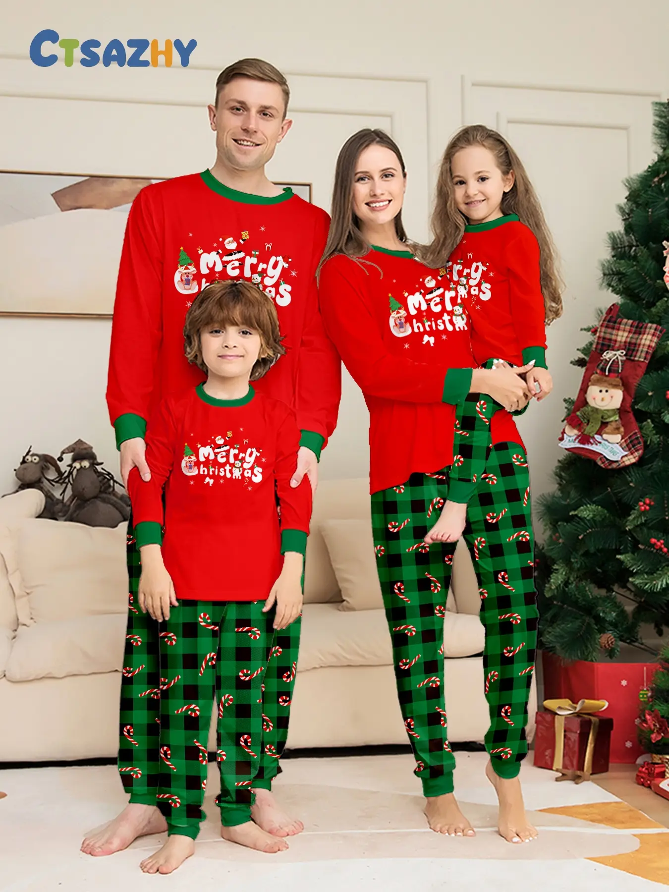 Family Christmas Pajama Set, Retro Plaid, High Elasticity, Merry Christmas Print, All Seasons, Perfect for Holiday Photoshoots